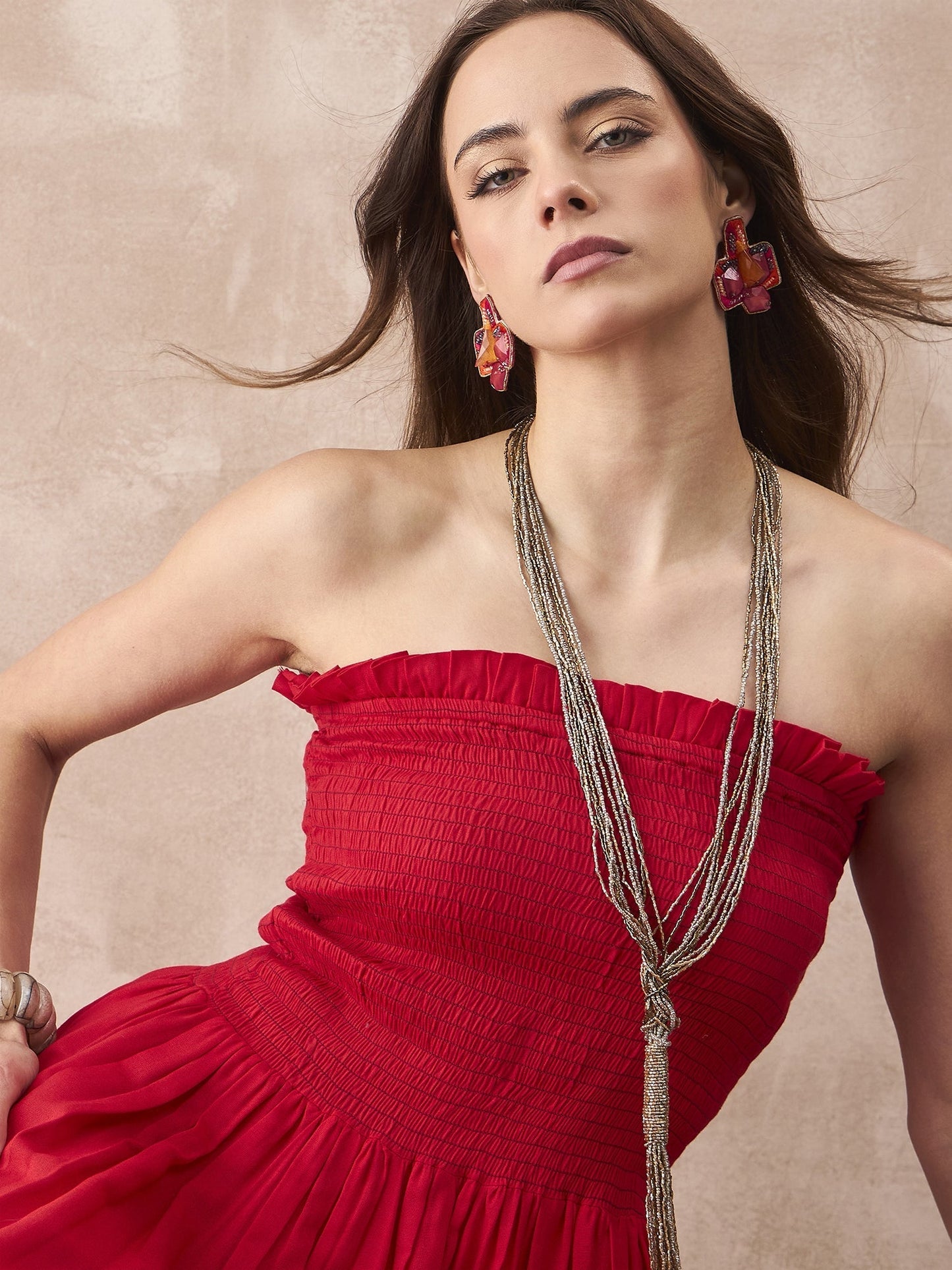 InWeave Red Solid Off Shoulder Dress - Swadesiicart