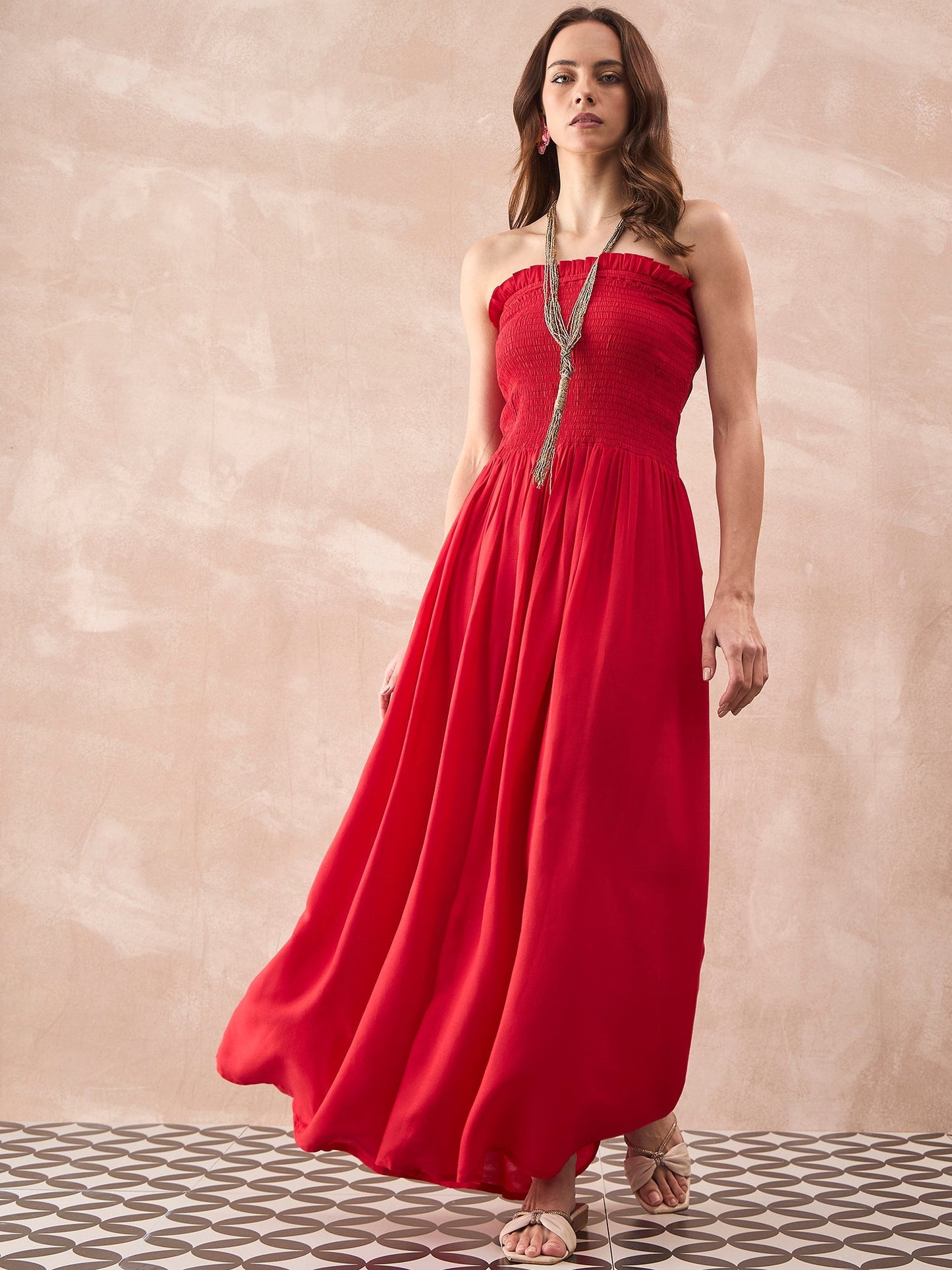 InWeave Red Solid Off Shoulder Dress - Swadesiicart