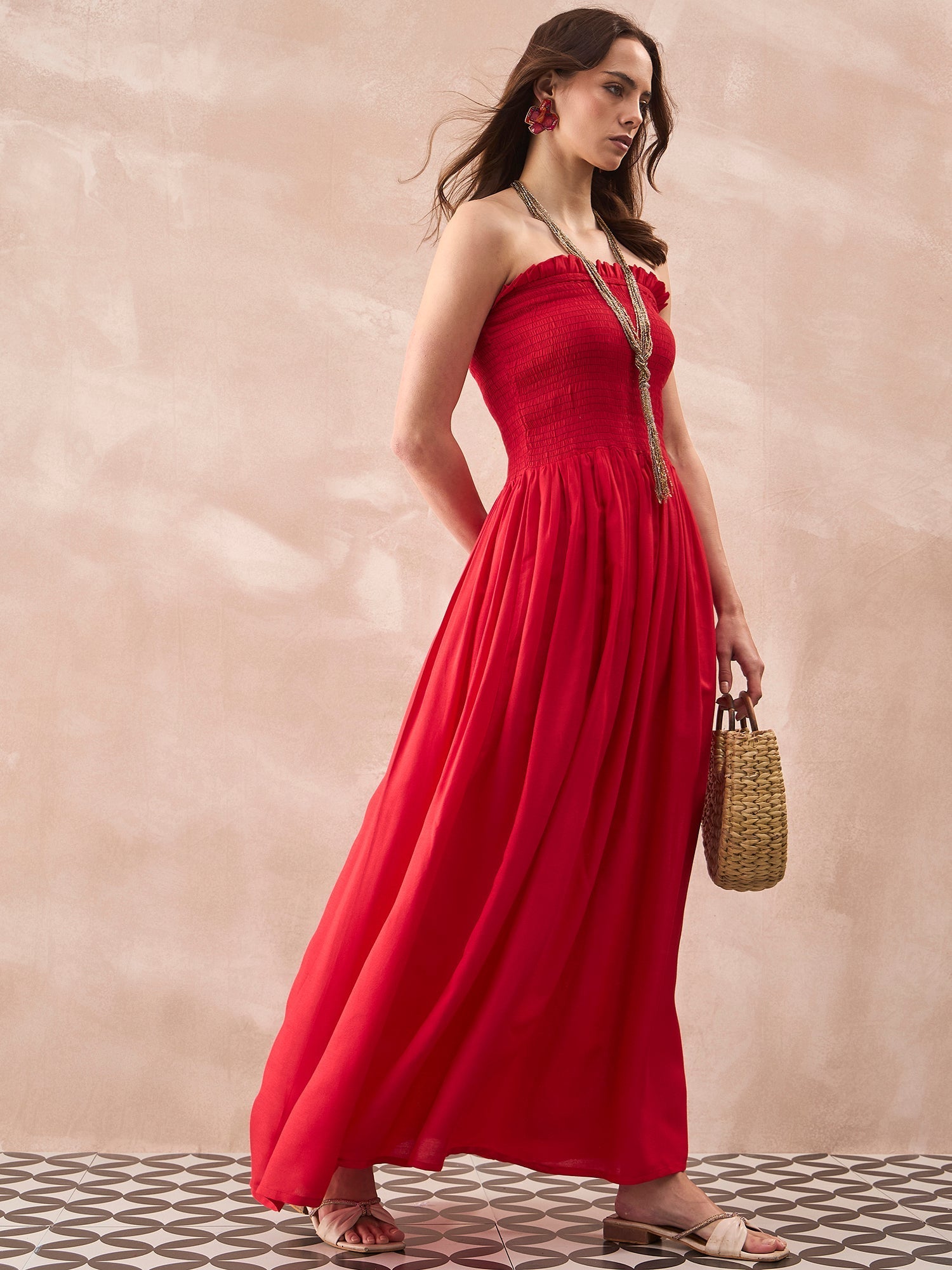 InWeave Red Solid Off Shoulder Dress - Swadesiicart