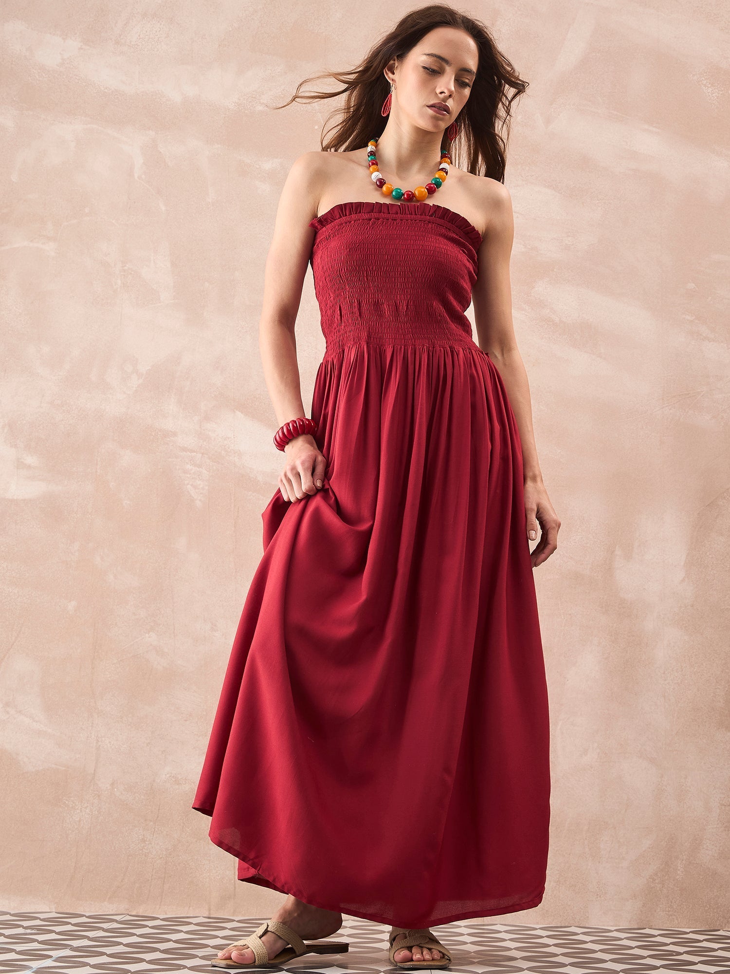 InWeave Maroon Solid Off Shoulder Dress - Swadesiicart