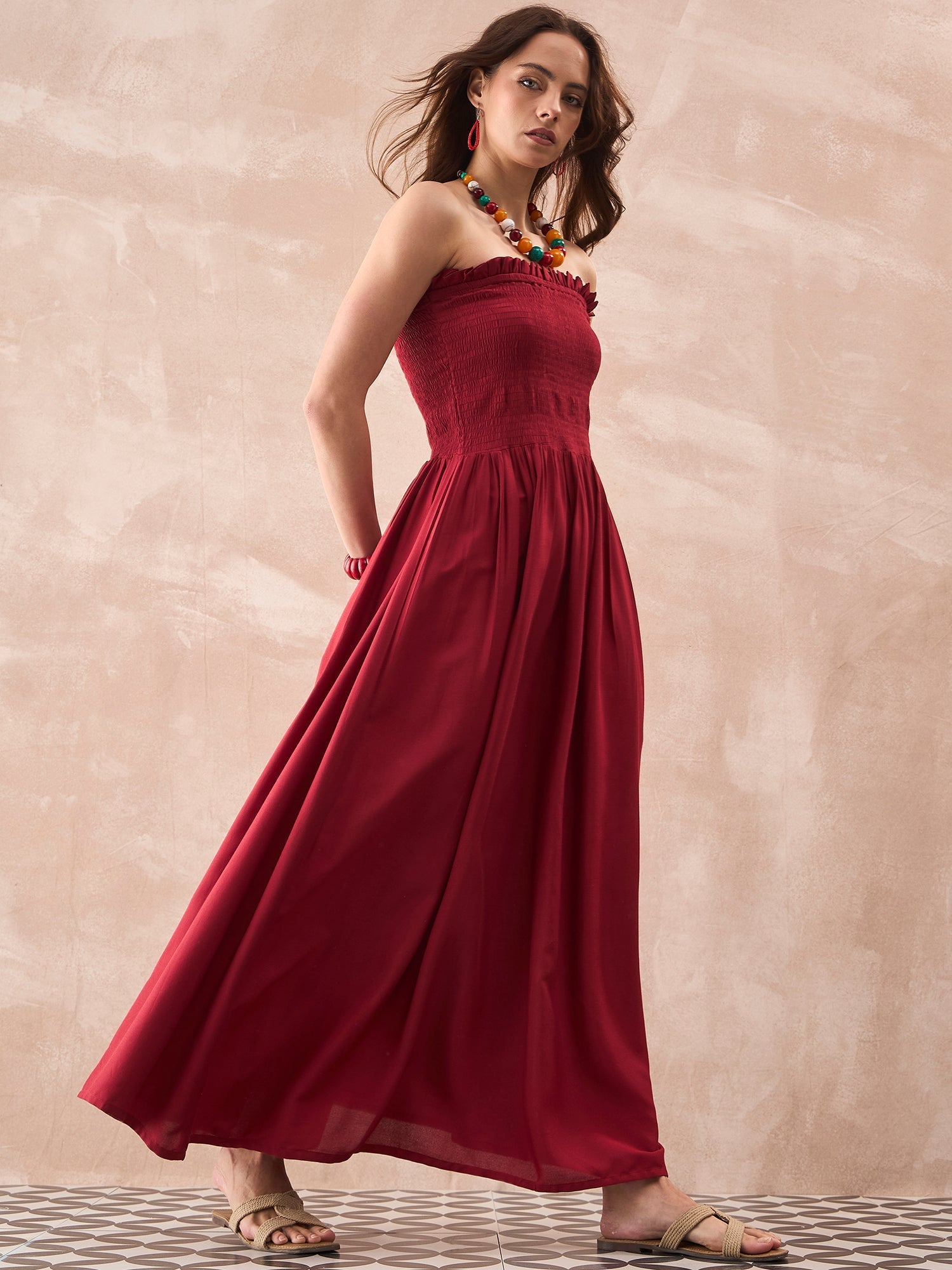 InWeave Maroon Solid Off Shoulder Dress - Swadesiicart