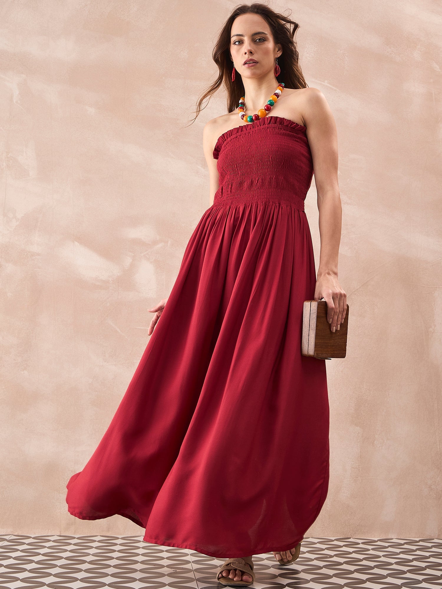 InWeave Maroon Solid Off Shoulder Dress - Swadesiicart