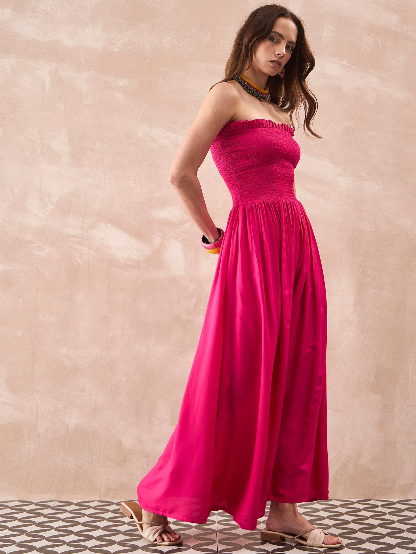 InWeave Fuchsia Solid Off Shoulder Dress - Swadesiicart