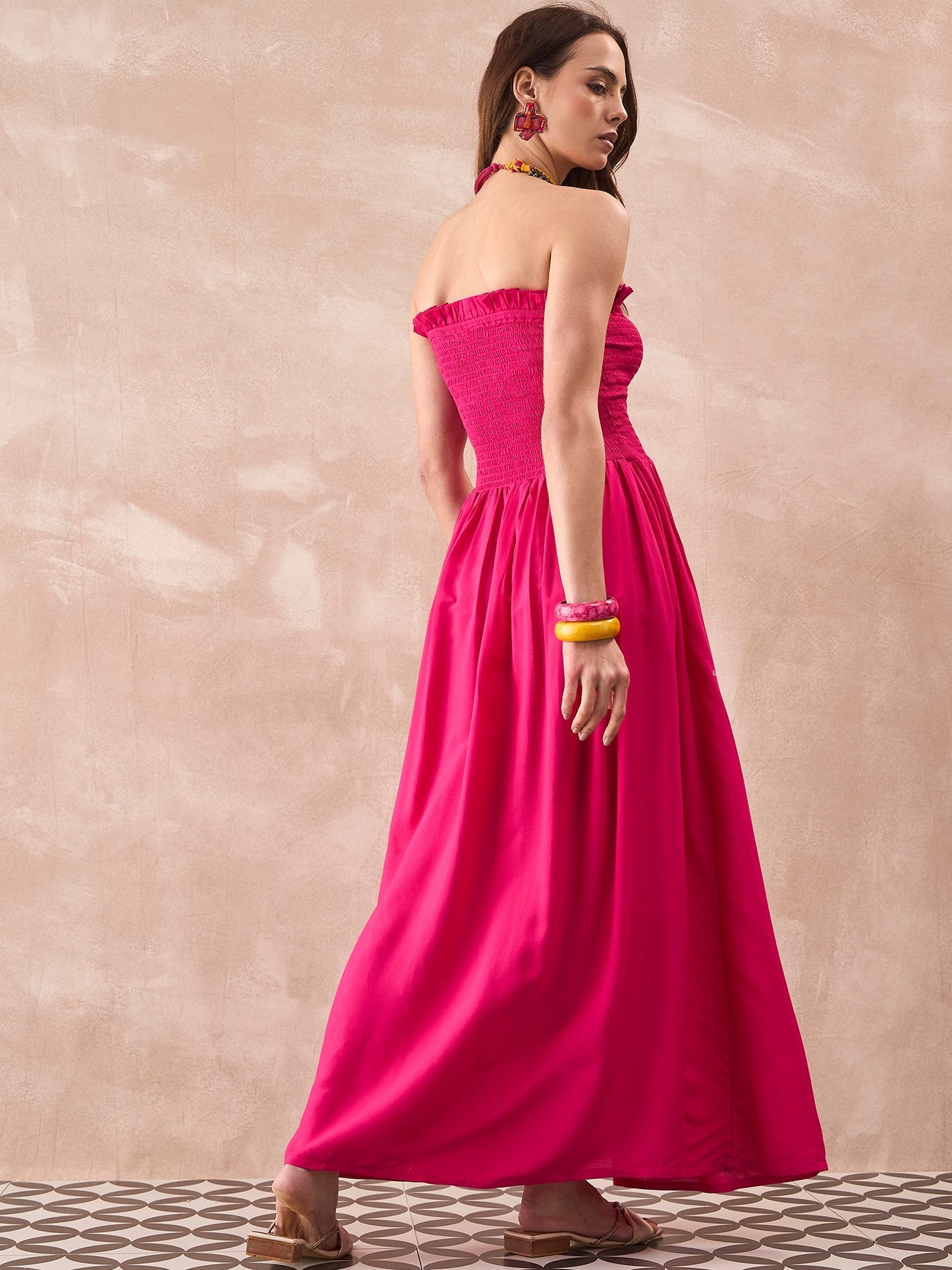 InWeave Fuchsia Solid Off Shoulder Dress - Swadesiicart