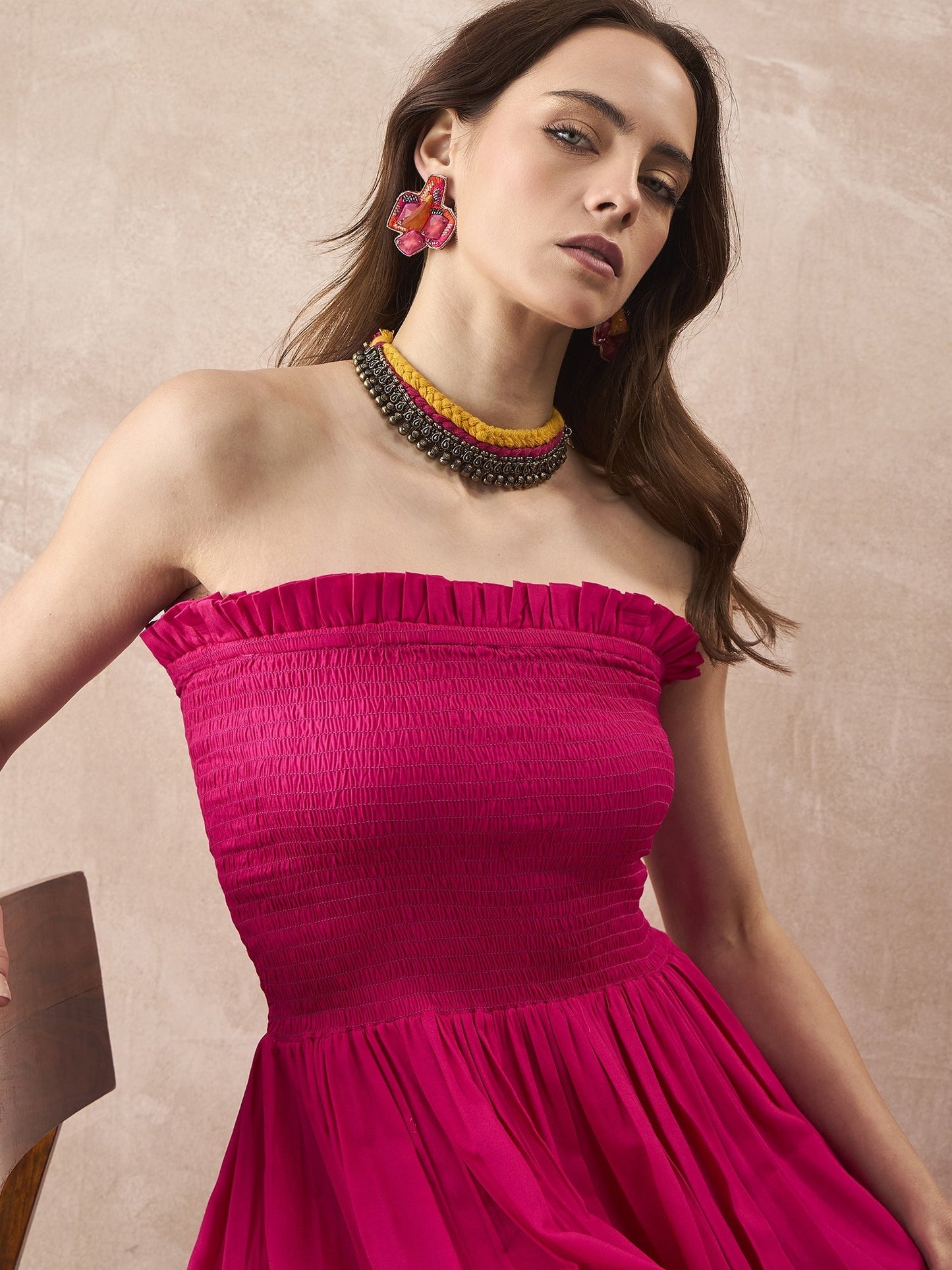 InWeave Fuchsia Solid Off Shoulder Dress - Swadesiicart