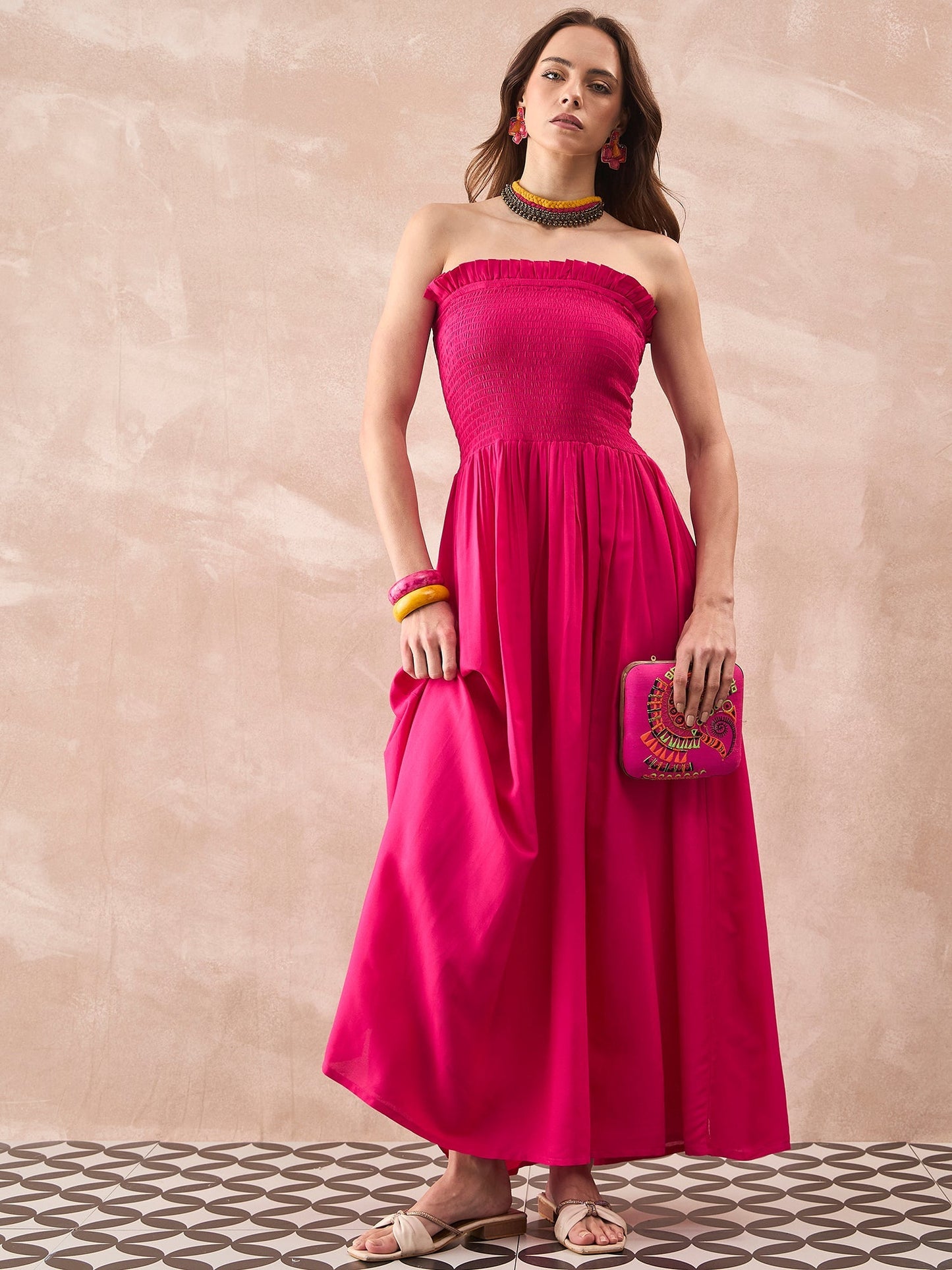 InWeave Fuchsia Solid Off Shoulder Dress - Swadesiicart