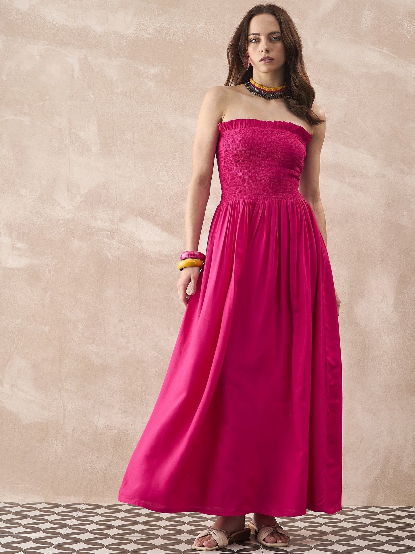 InWeave Fuchsia Solid Off Shoulder Dress - Swadesiicart