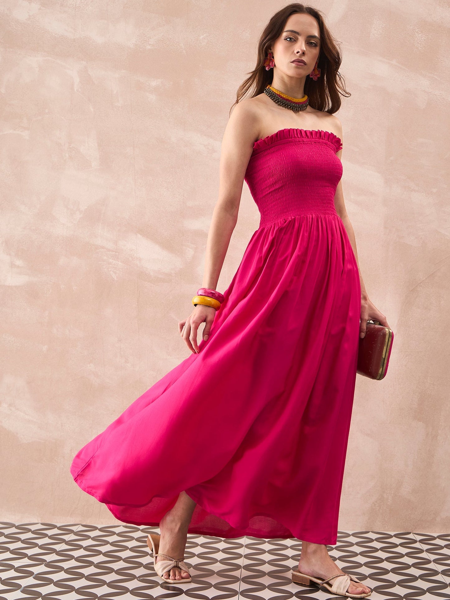 InWeave Fuchsia Solid Off Shoulder Dress - Swadesiicart
