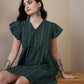 InWeave Green Stripe Kantha V Neck Short Dress - Swadesiicart