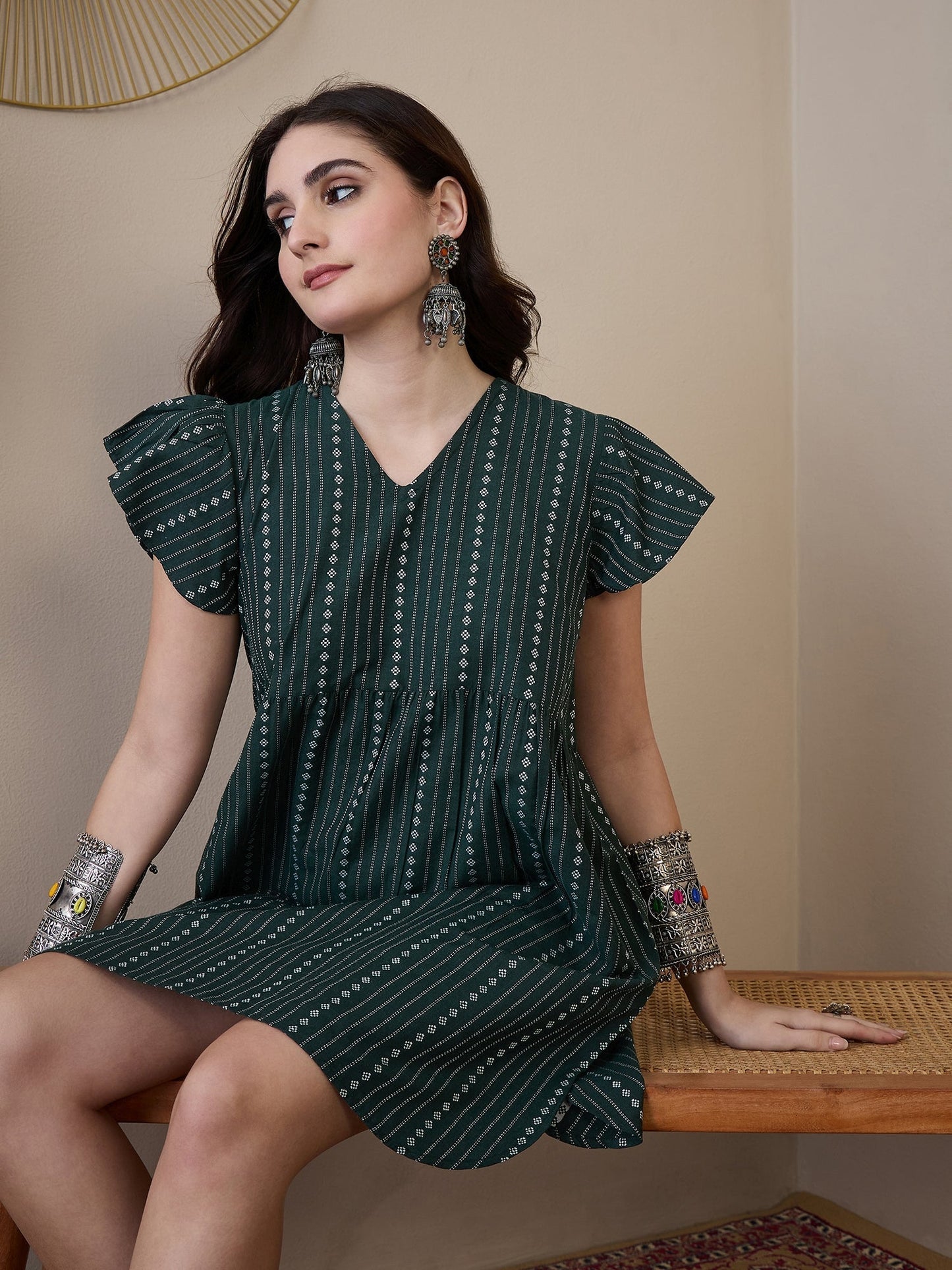 InWeave Green Stripe Kantha V Neck Short Dress - Swadesiicart