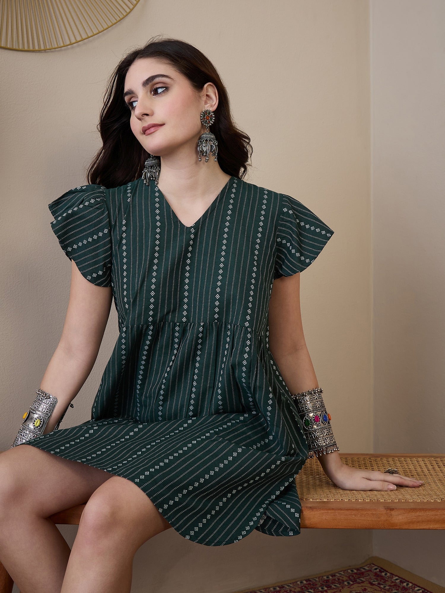 InWeave Green Stripe Kantha V Neck Short Dress - Swadesiicart