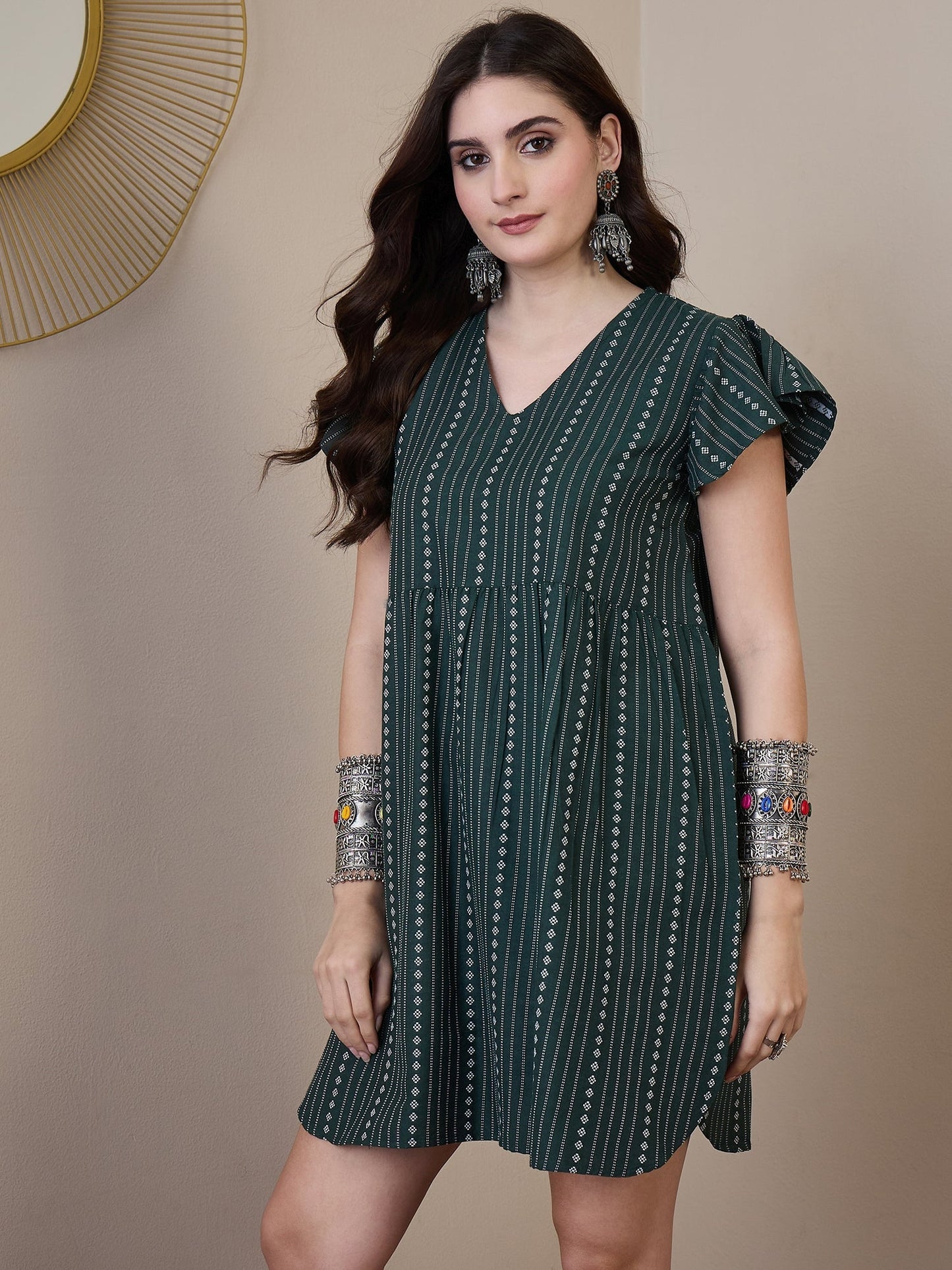 InWeave Green Stripe Kantha V Neck Short Dress - Swadesiicart