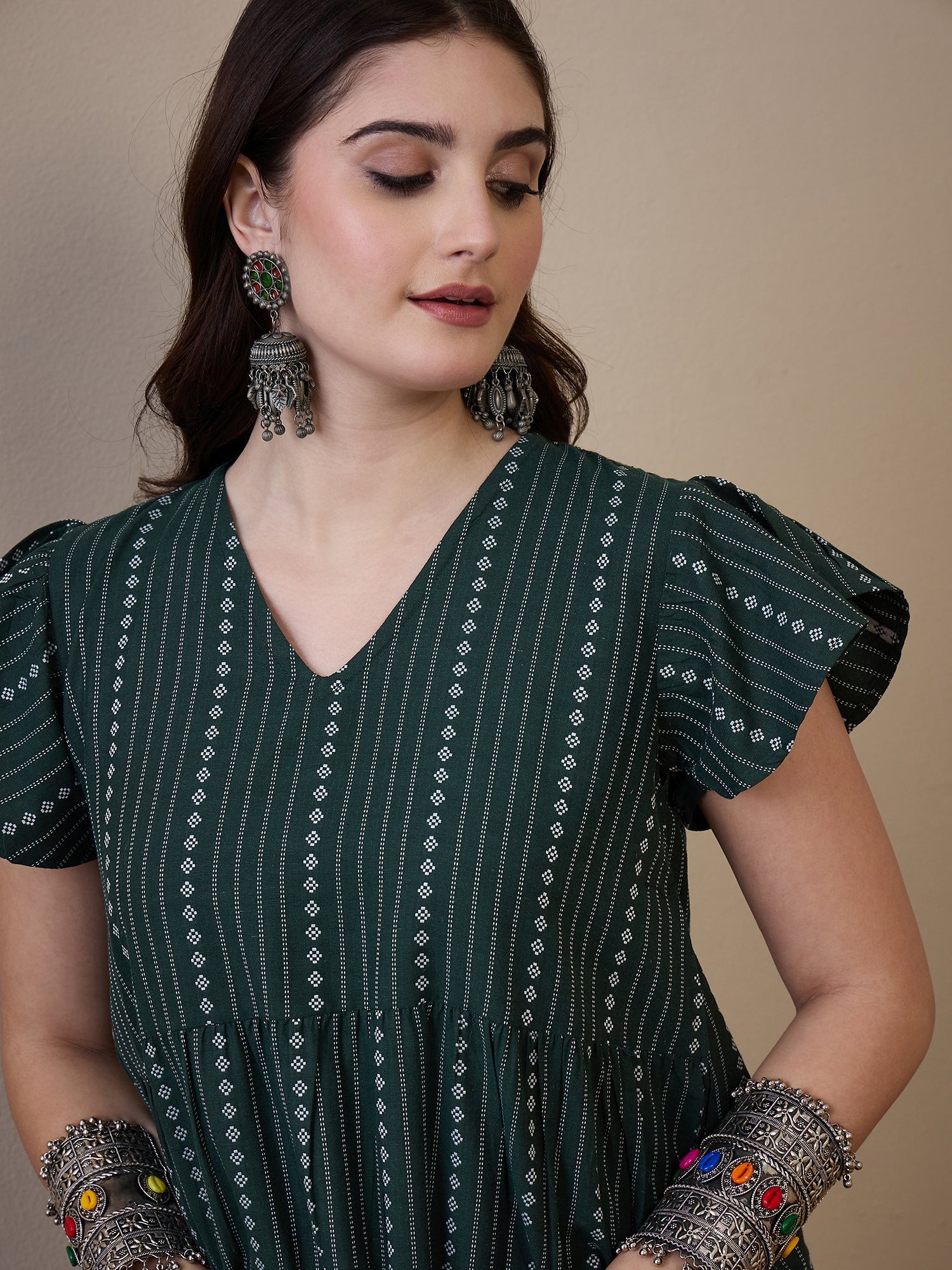 InWeave Green Stripe Kantha V Neck Short Dress - Swadesiicart