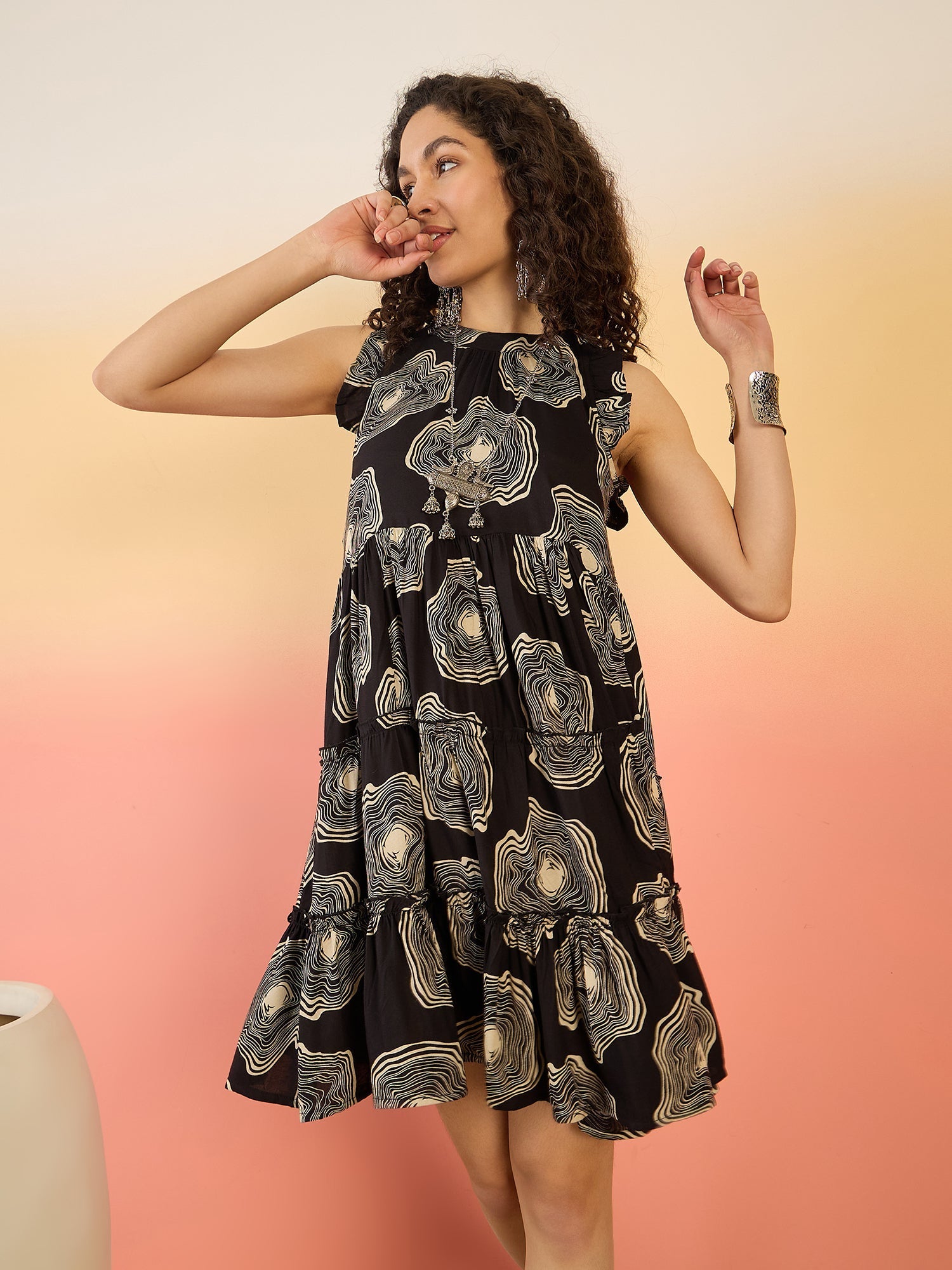 InWeave Black Beige Swril Short Dress - Swadesiicart