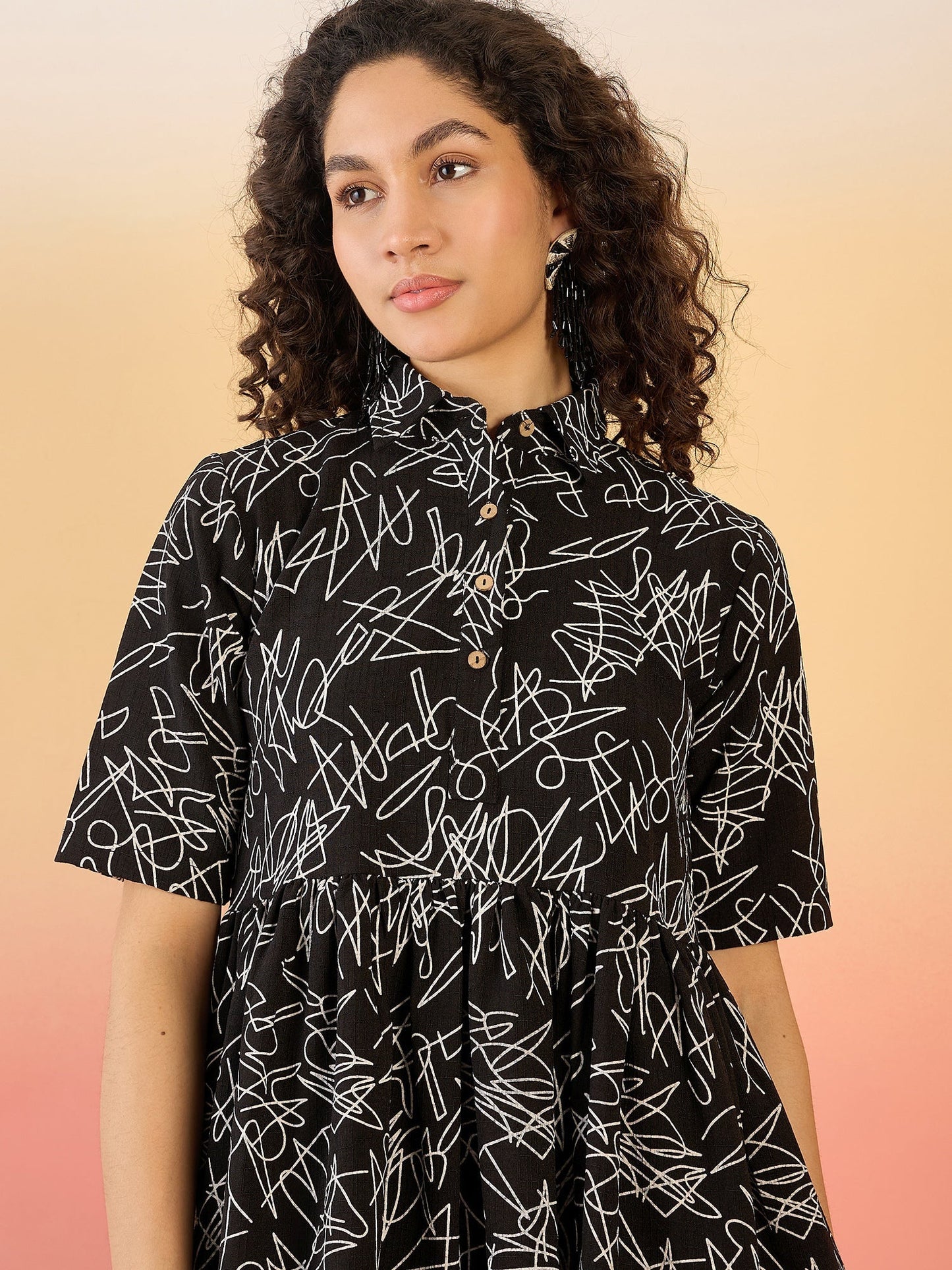 InWeave Black White Rubber Collar Dress - Swadesiicart