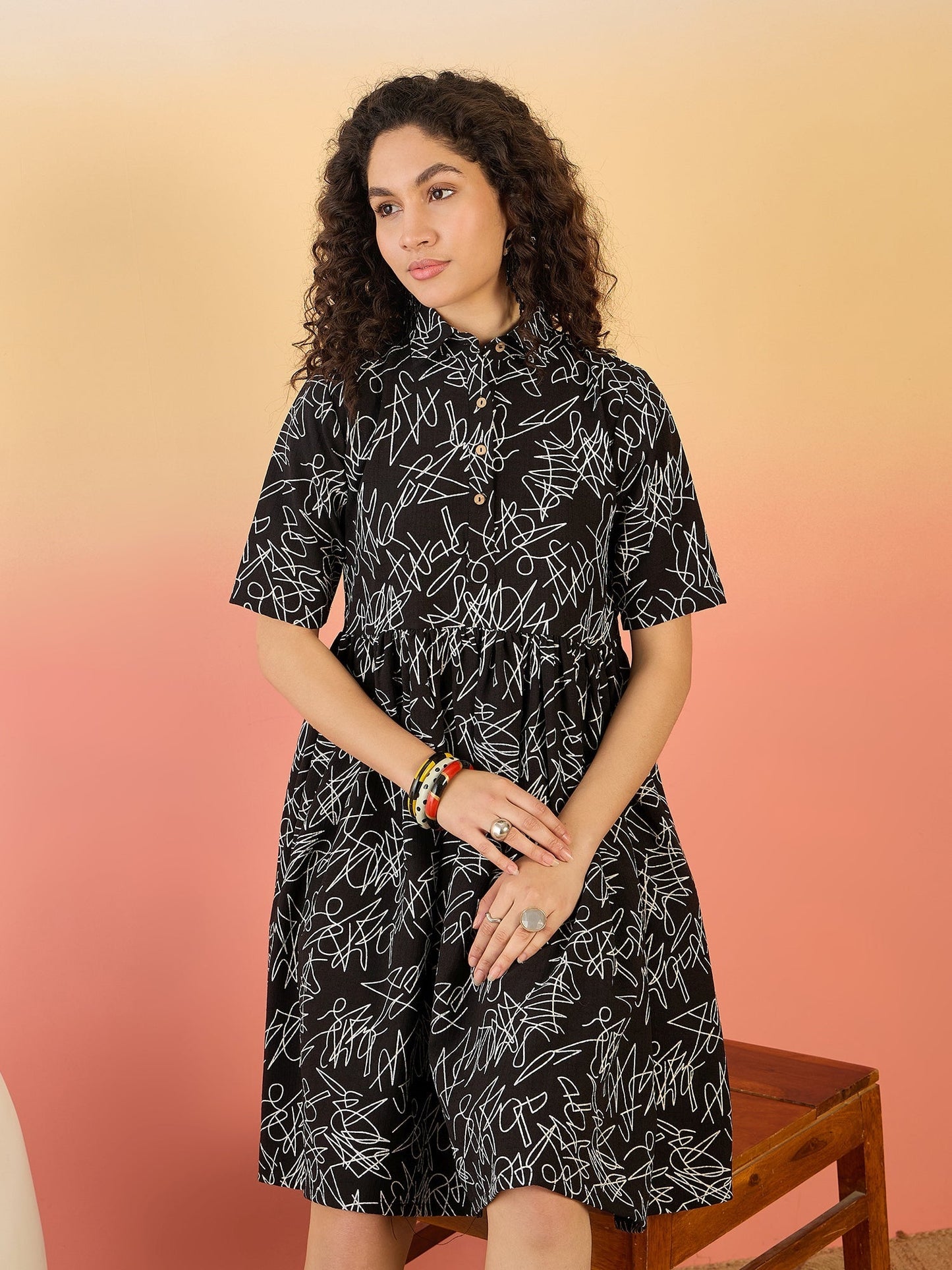 InWeave Black White Rubber Collar Dress - Swadesiicart