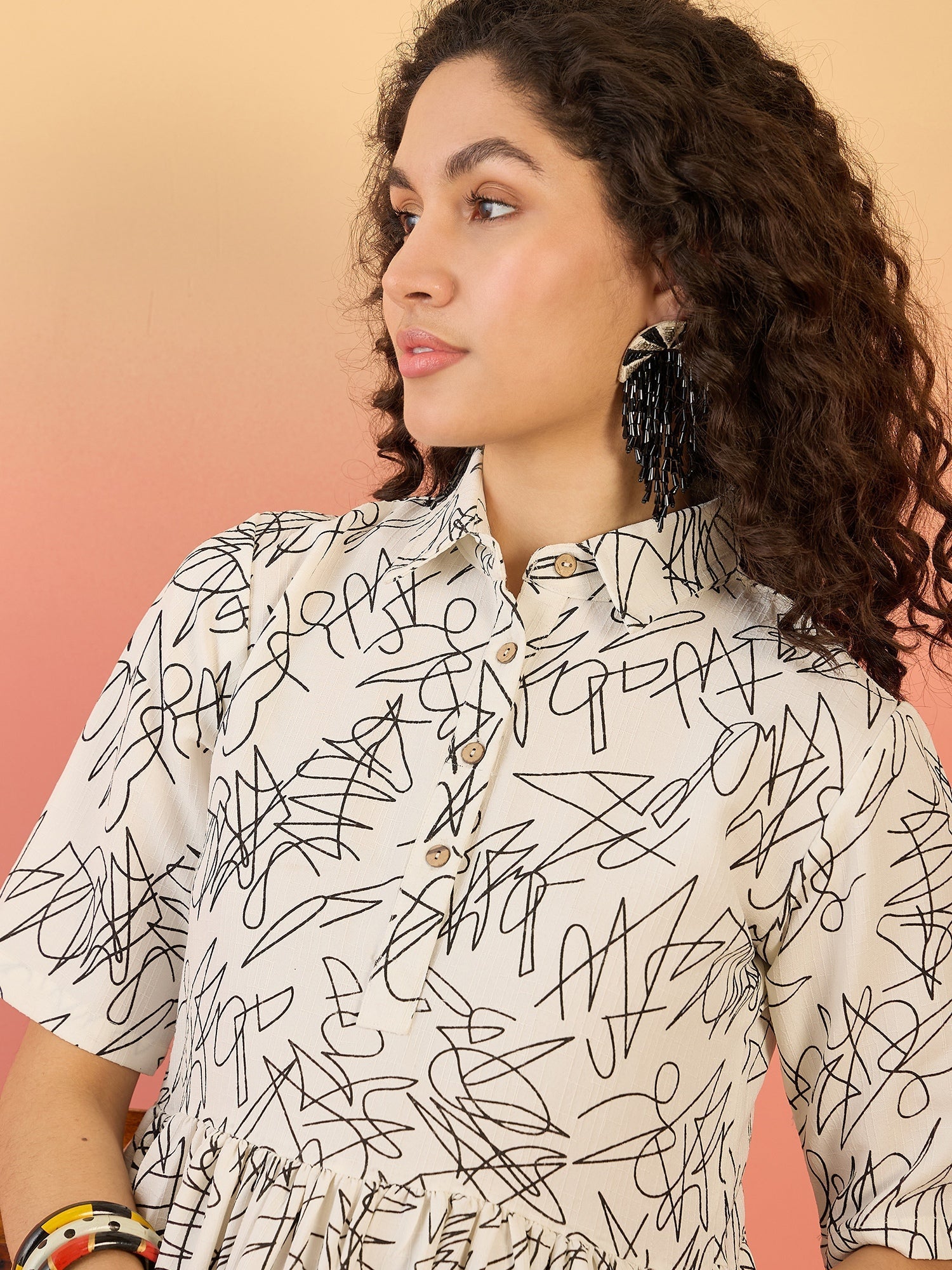 InWeave White Black Rubber Collar Dress - Swadesiicart