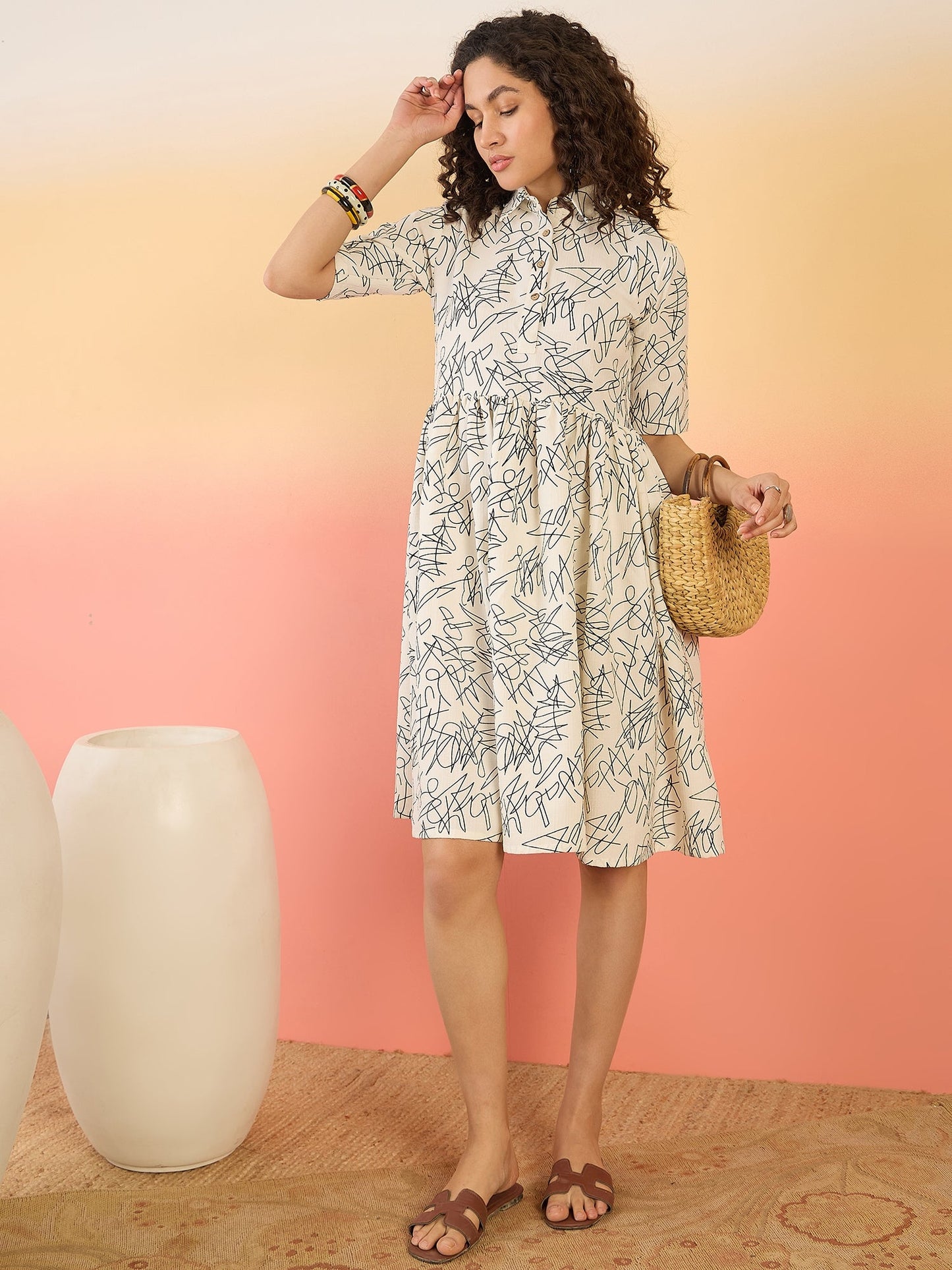 InWeave White Black Rubber Collar Dress - Swadesiicart