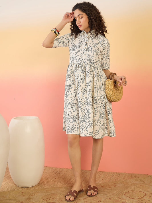 InWeave White Black Rubber Collar Dress - Swadesiicart