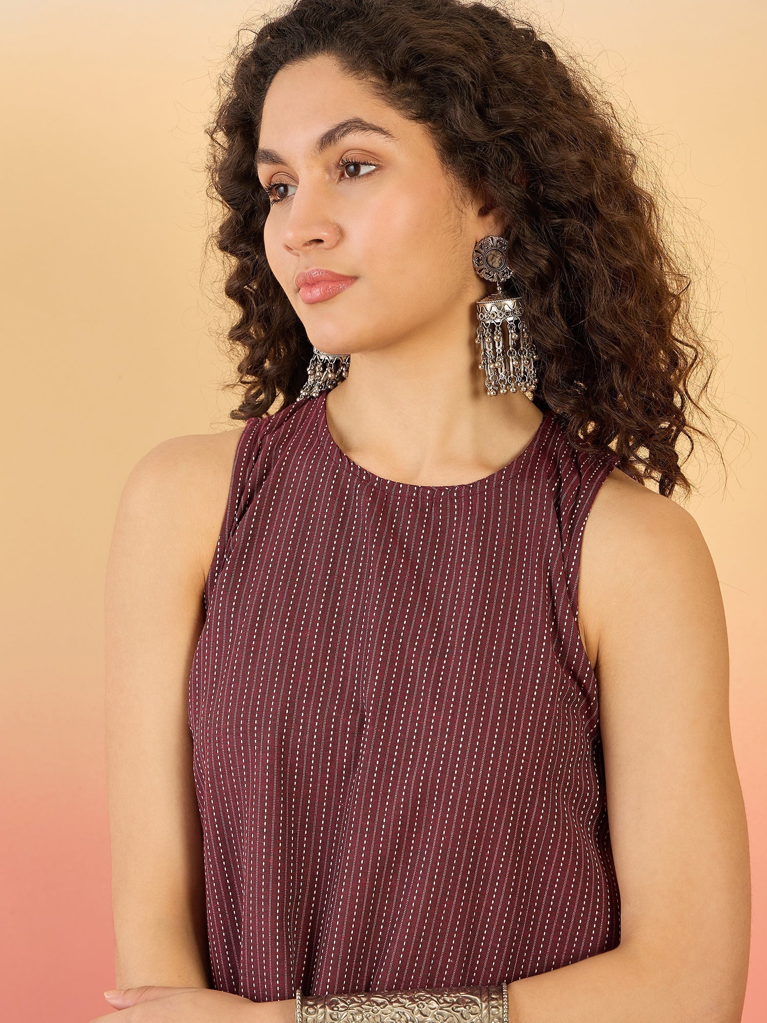 InWeave Wine Kantha R Neck W/S Dress - Swadesiicart