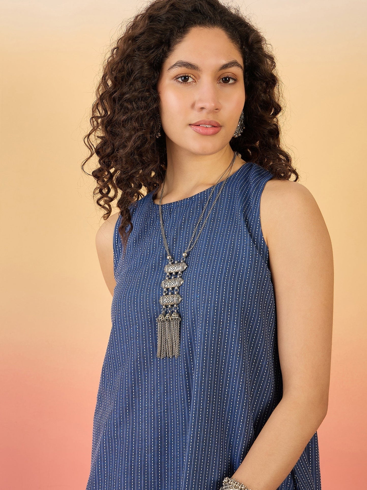 InWeave Blue Kantha R Neck W/S Dress - Swadesiicart