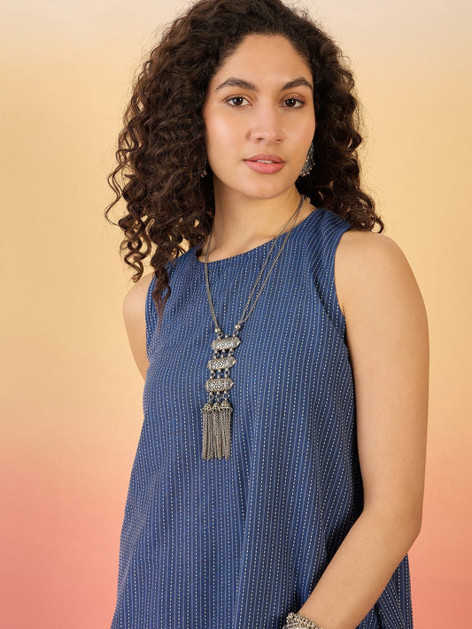 InWeave Blue Kantha R Neck W/S Dress - Swadesiicart