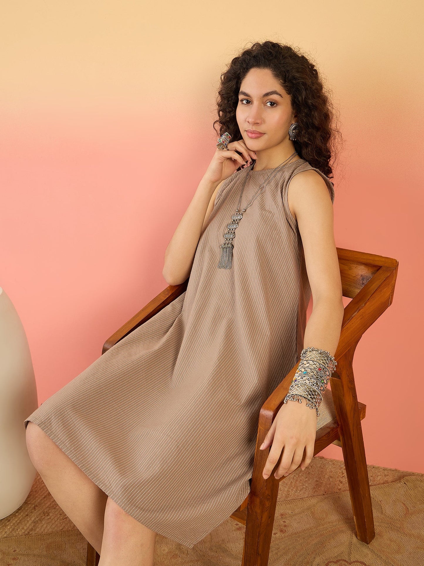 InWeave Light Brown Kantha R Neck W/S Dress - Swadesiicart