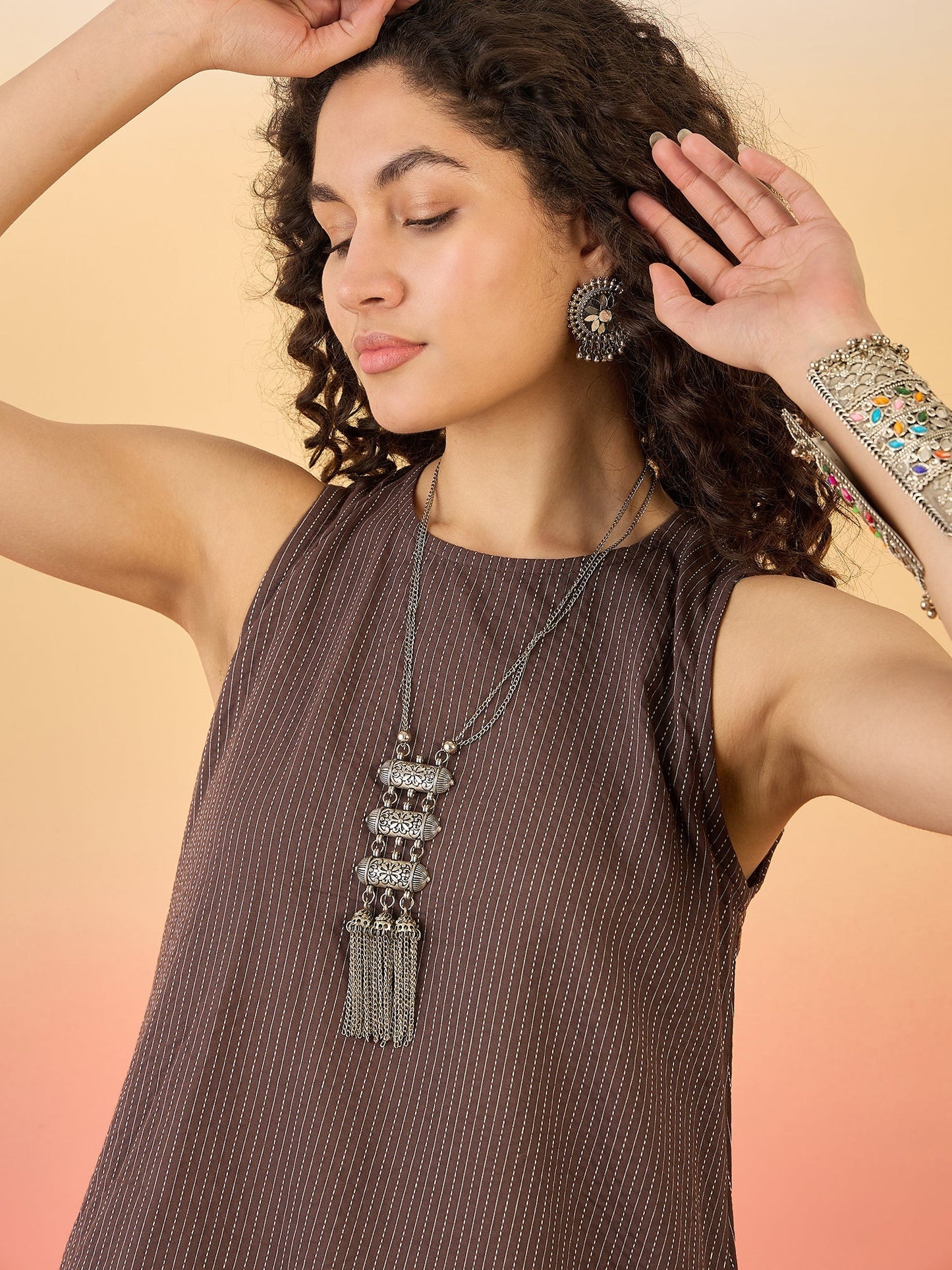 InWeave Dark Brown Kantha R Neck W/S Dress - Swadesiicart