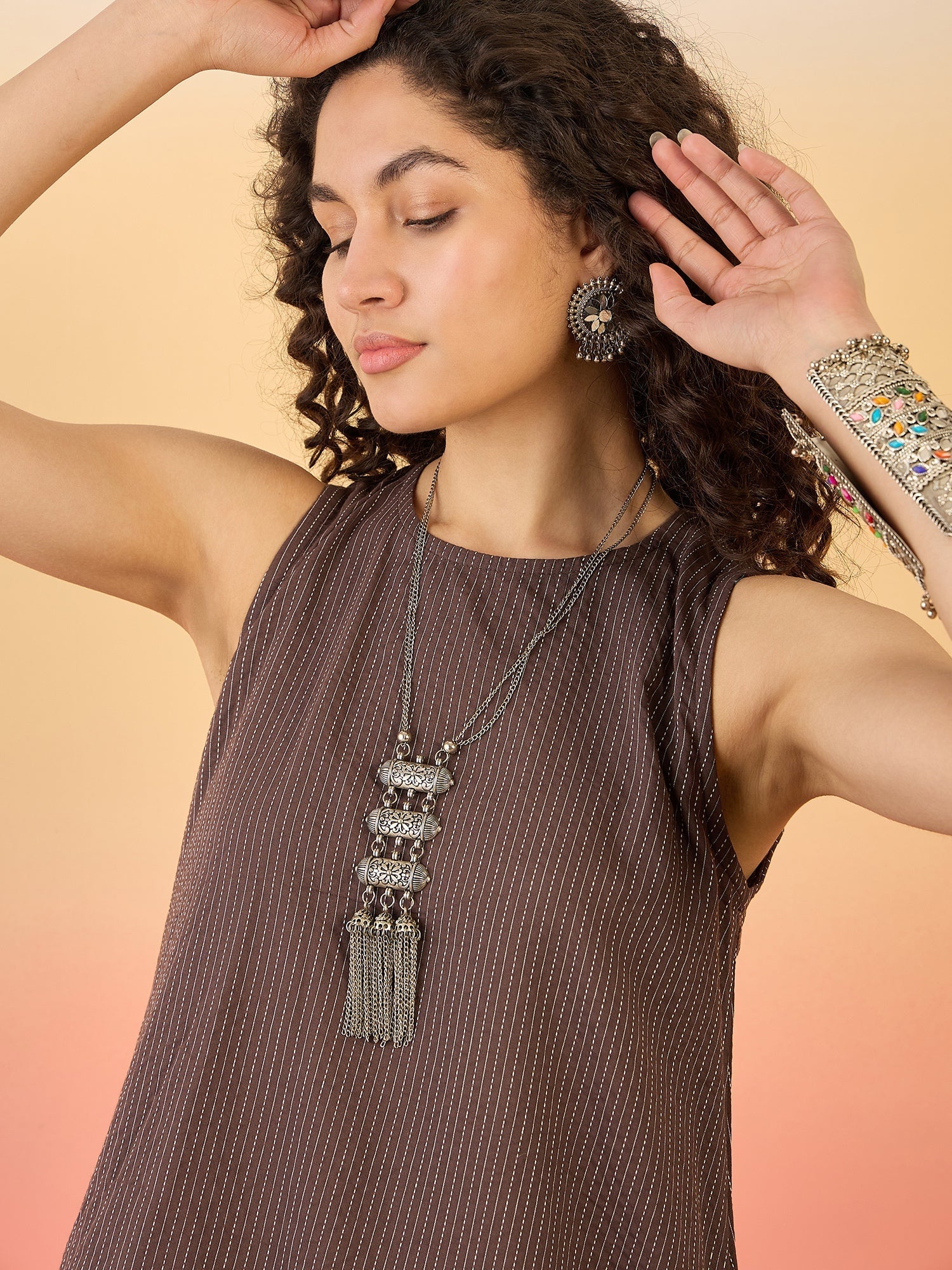 InWeave Dark Brown Kantha R Neck W/S Dress - Swadesiicart