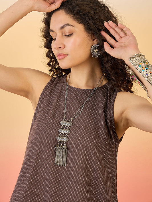 InWeave Dark Brown Kantha R Neck W/S Dress - Swadesiicart