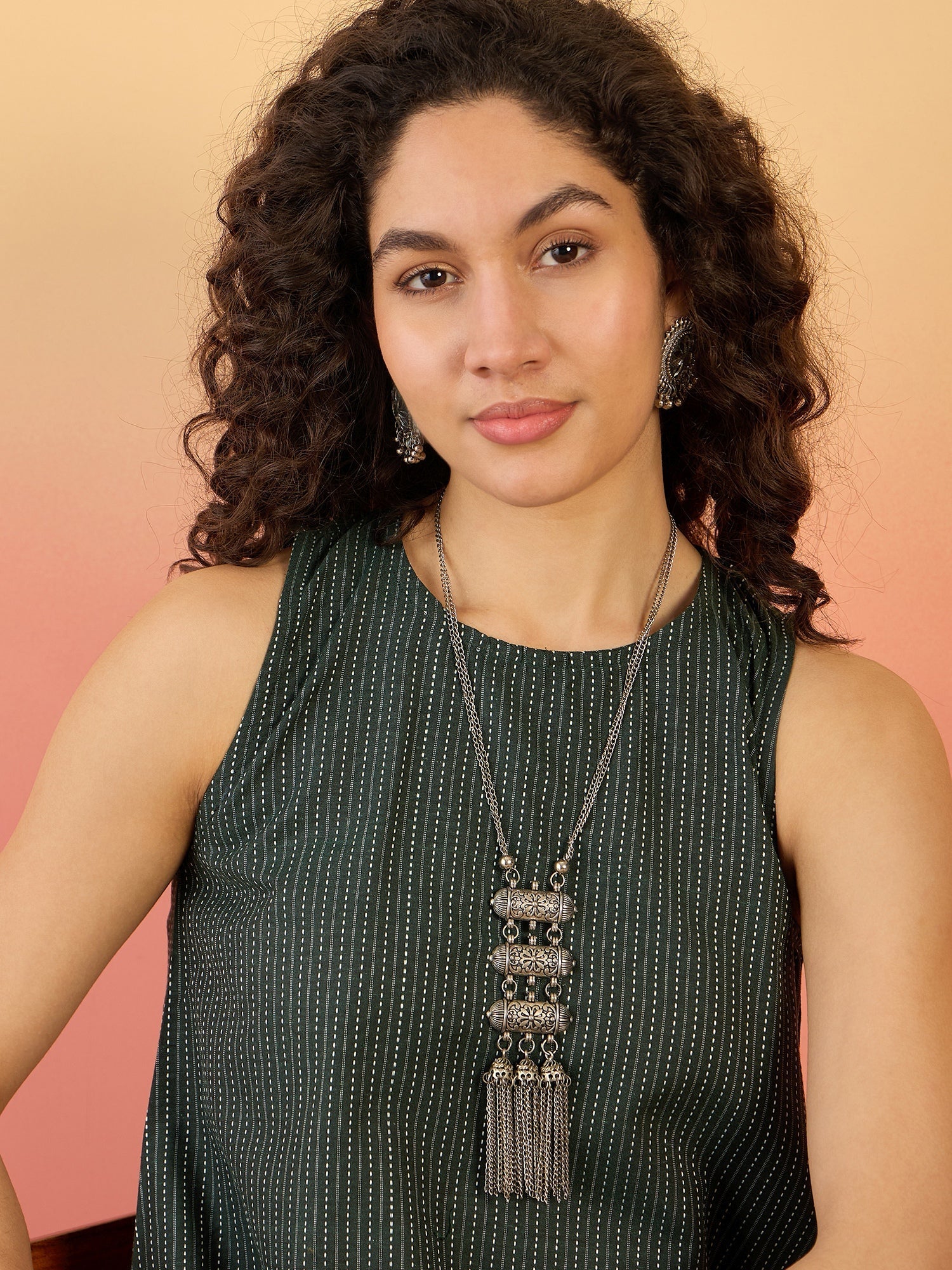 InWeave Dark Green Kantha R Neck W/S Dress - Swadesiicart