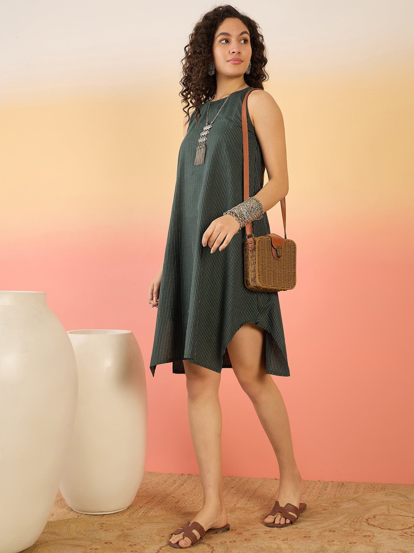 InWeave Dark Green Kantha R Neck W/S Dress - Swadesiicart
