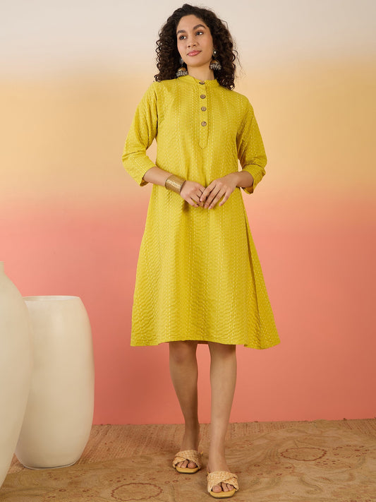 InWeave Yellow Kantha Mandarin Button Dress - Swadesiicart