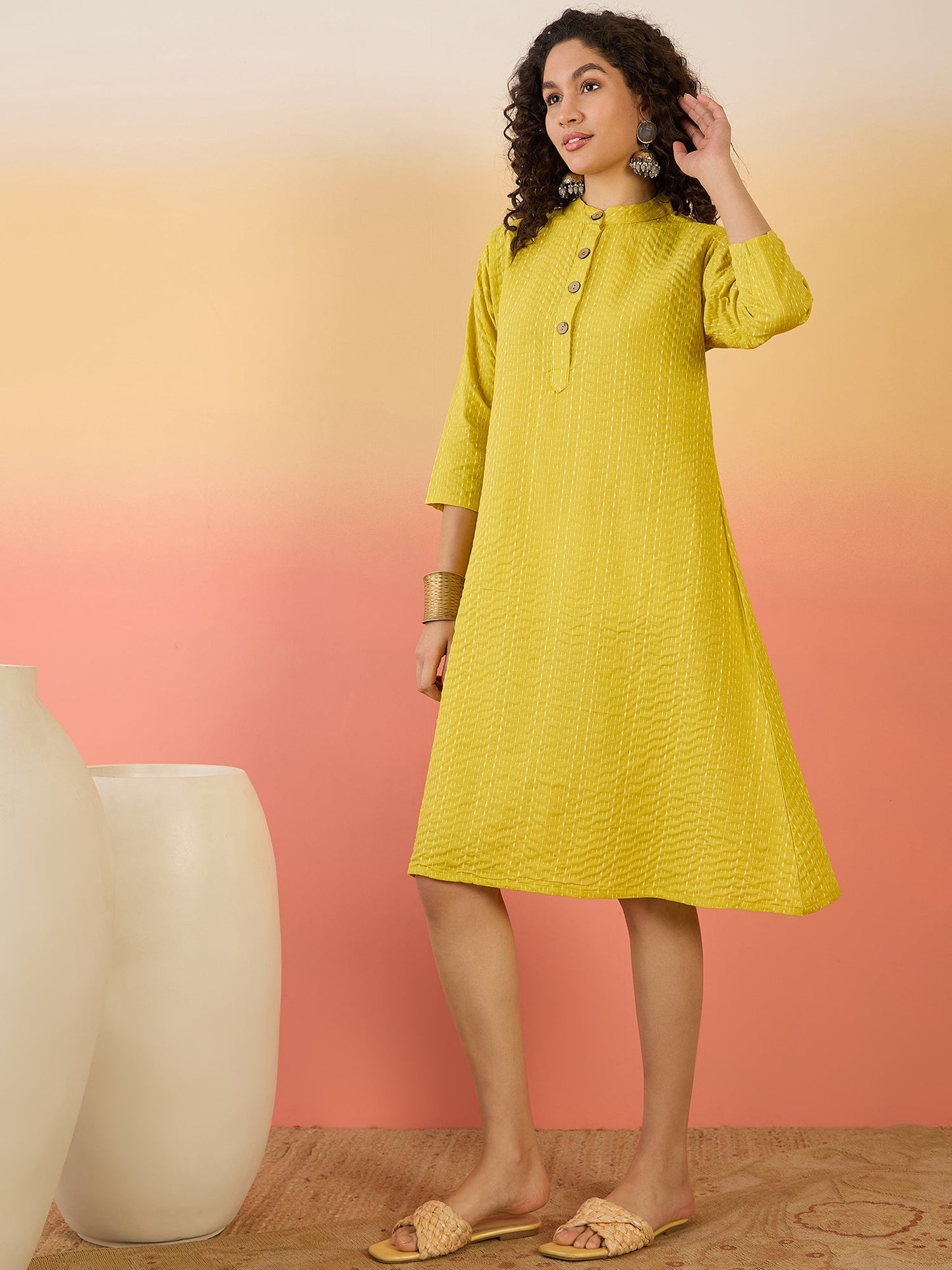 InWeave Yellow Kantha Mandarin Button Dress - Swadesiicart