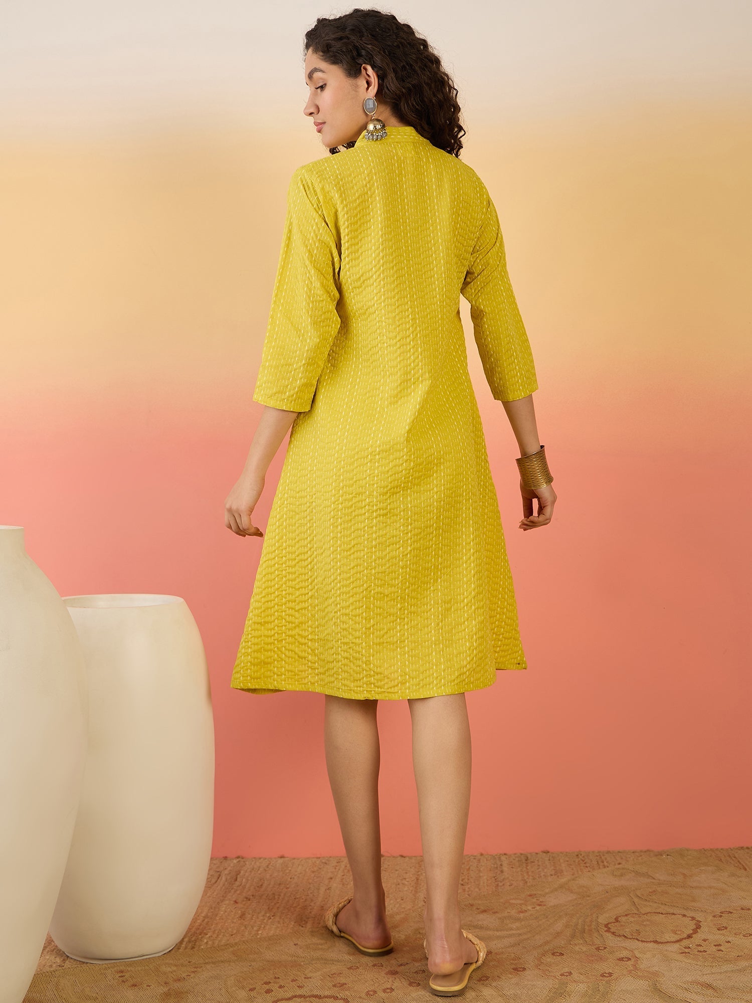 InWeave Yellow Kantha Mandarin Button Dress - Swadesiicart