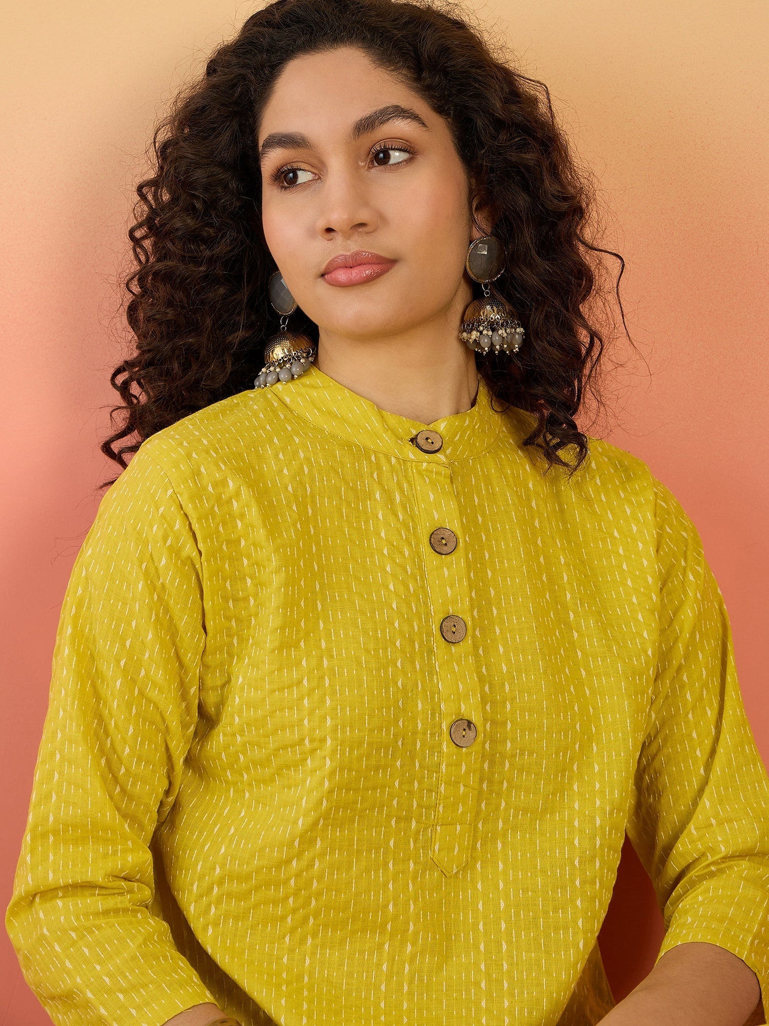 InWeave Yellow Kantha Mandarin Button Dress - Swadesiicart