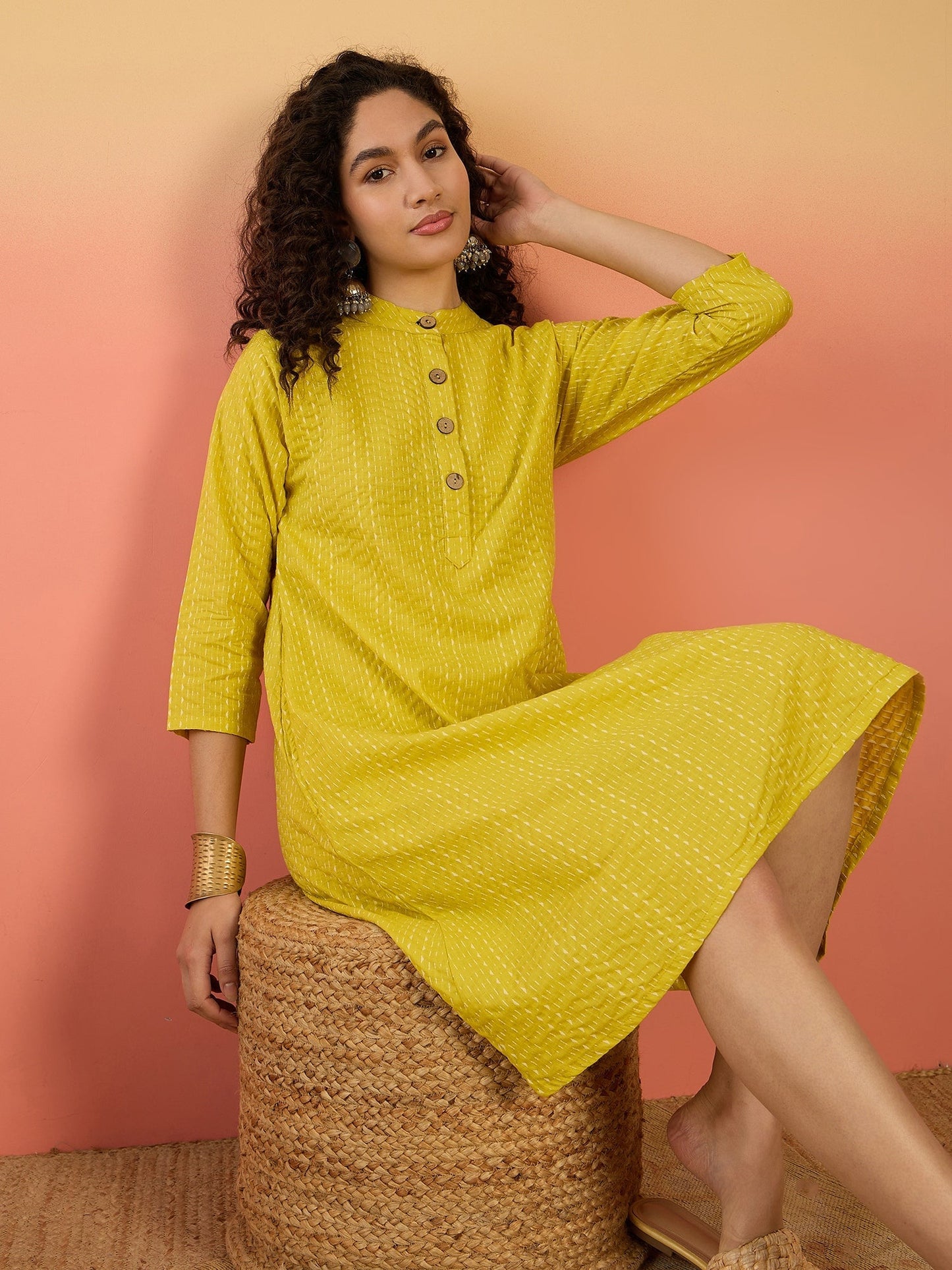 InWeave Yellow Kantha Mandarin Button Dress - Swadesiicart