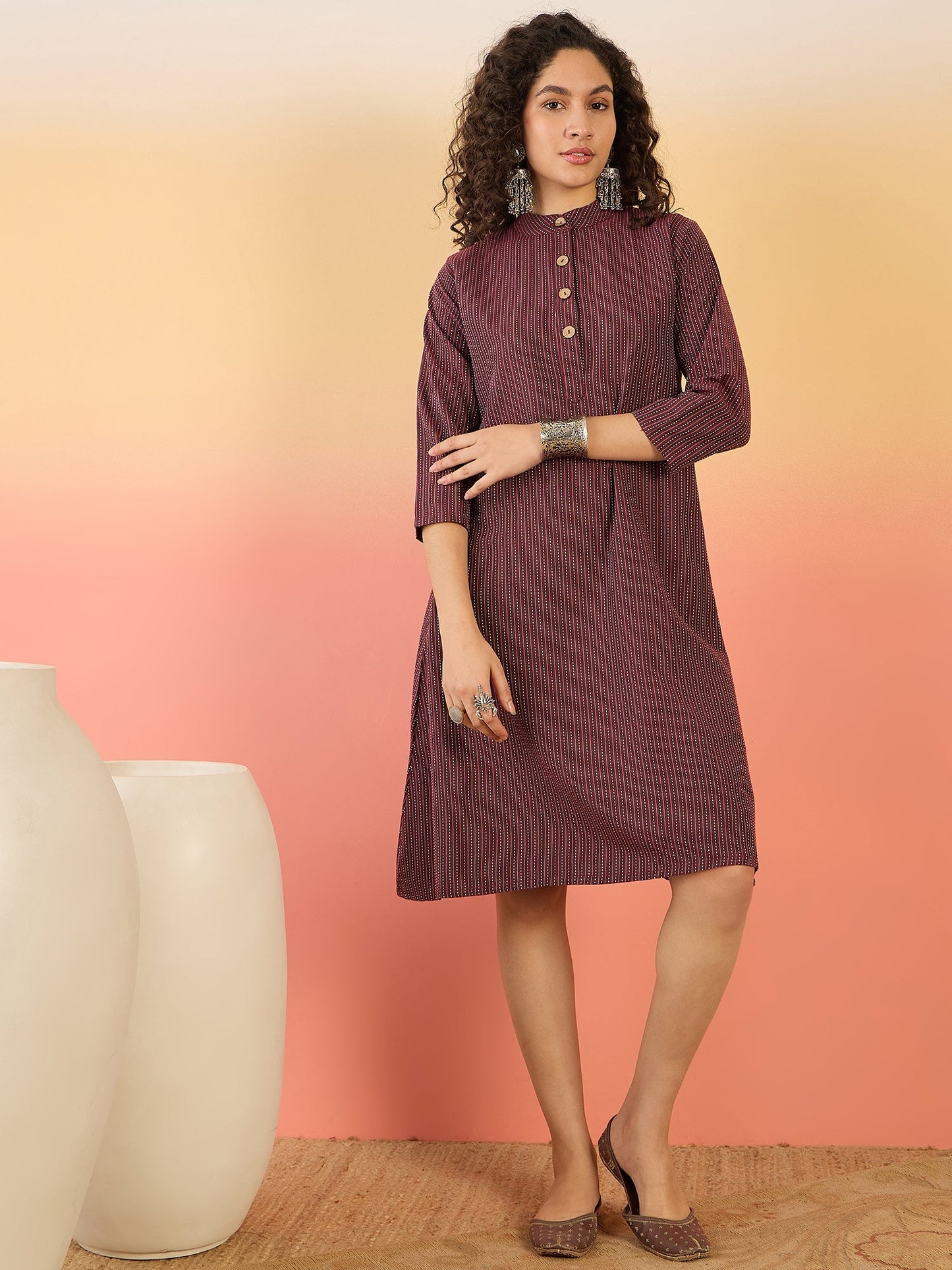 InWeave Wine Kantha Mandarin Button Dress - Swadesiicart
