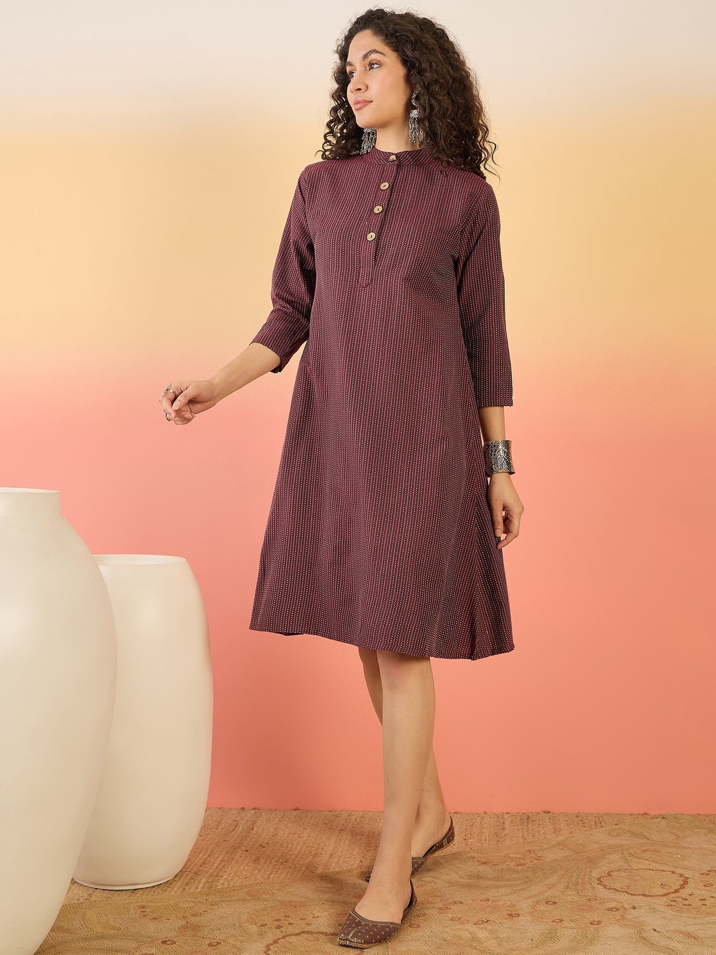 InWeave Wine Kantha Mandarin Button Dress - Swadesiicart