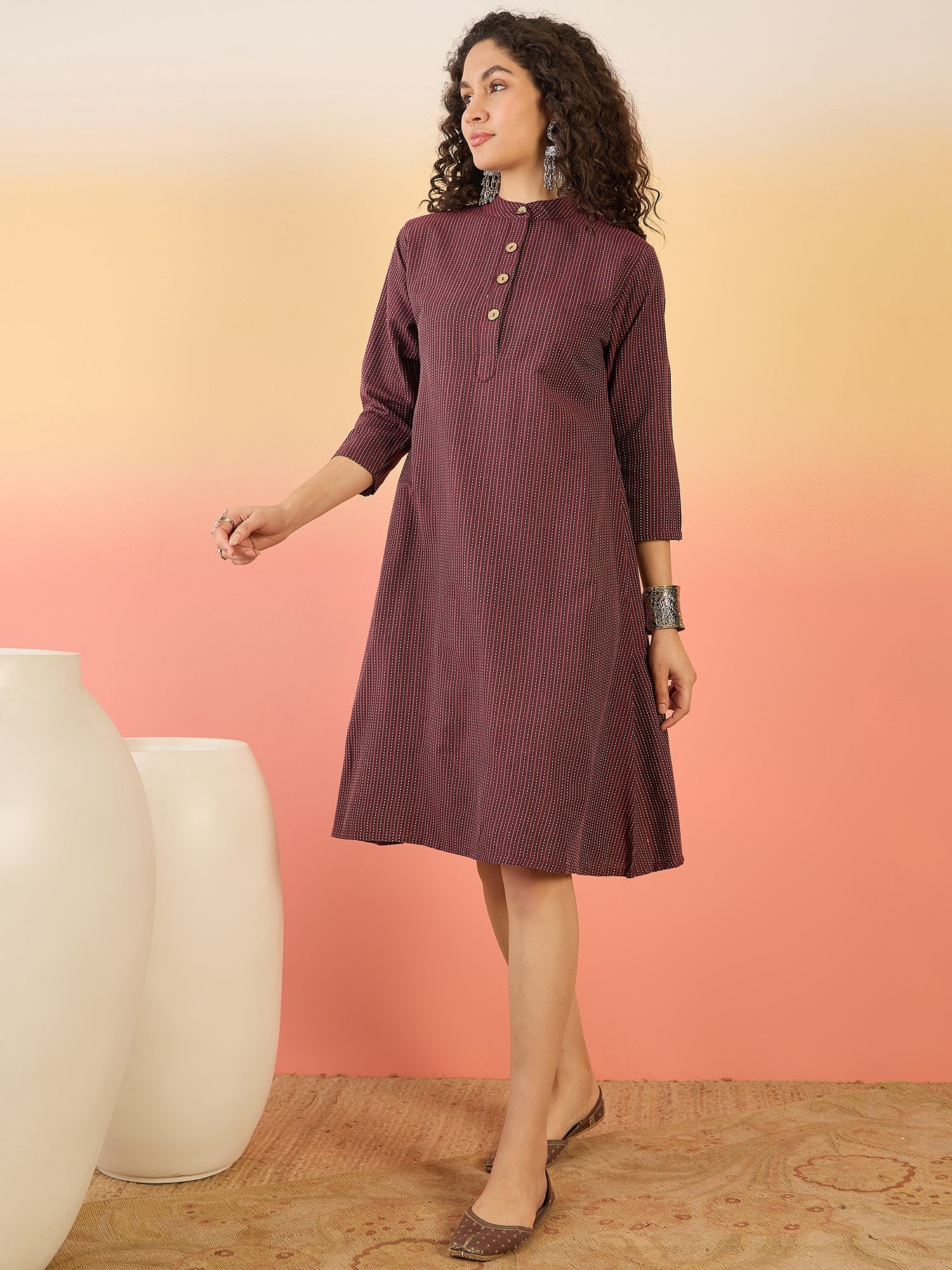 InWeave Wine Kantha Mandarin Button Dress - Swadesiicart