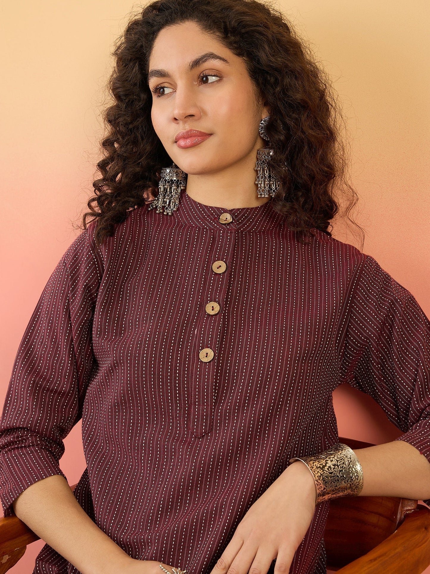 InWeave Wine Kantha Mandarin Button Dress - Swadesiicart