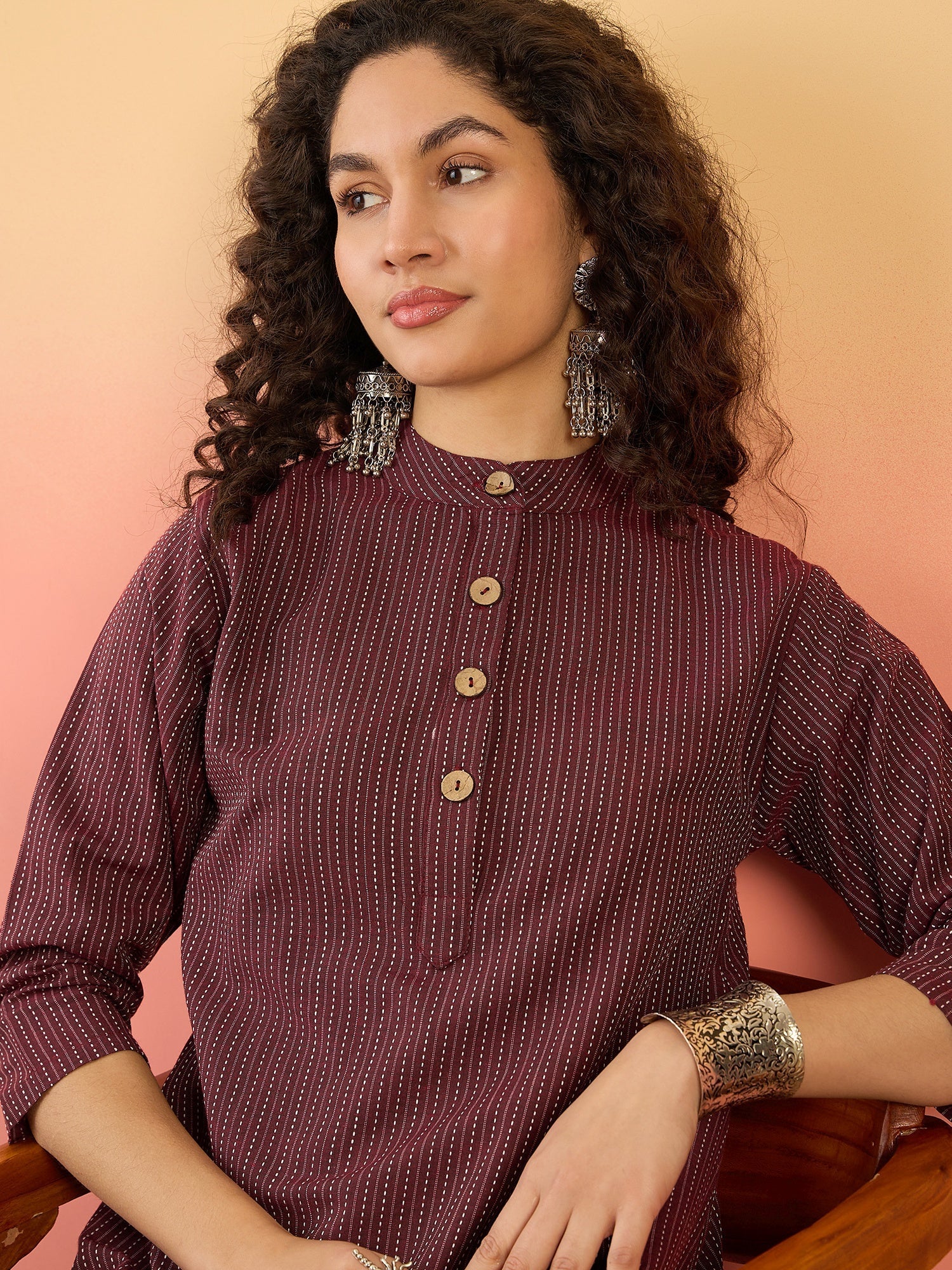 InWeave Wine Kantha Mandarin Button Dress - Swadesiicart