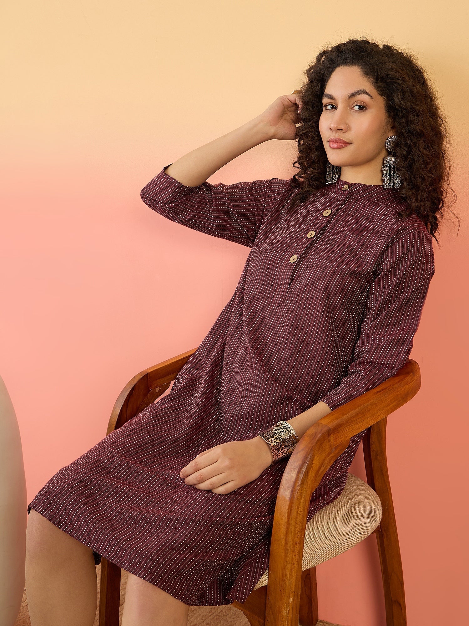InWeave Wine Kantha Mandarin Button Dress - Swadesiicart
