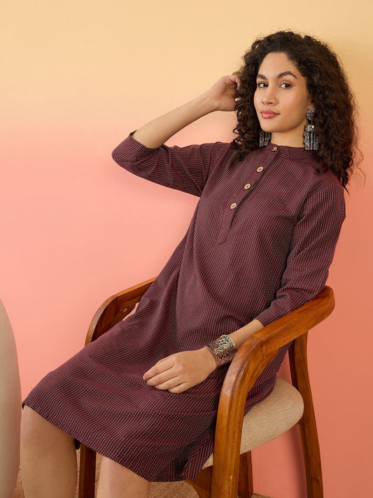 InWeave Wine Kantha Mandarin Button Dress - Swadesiicart