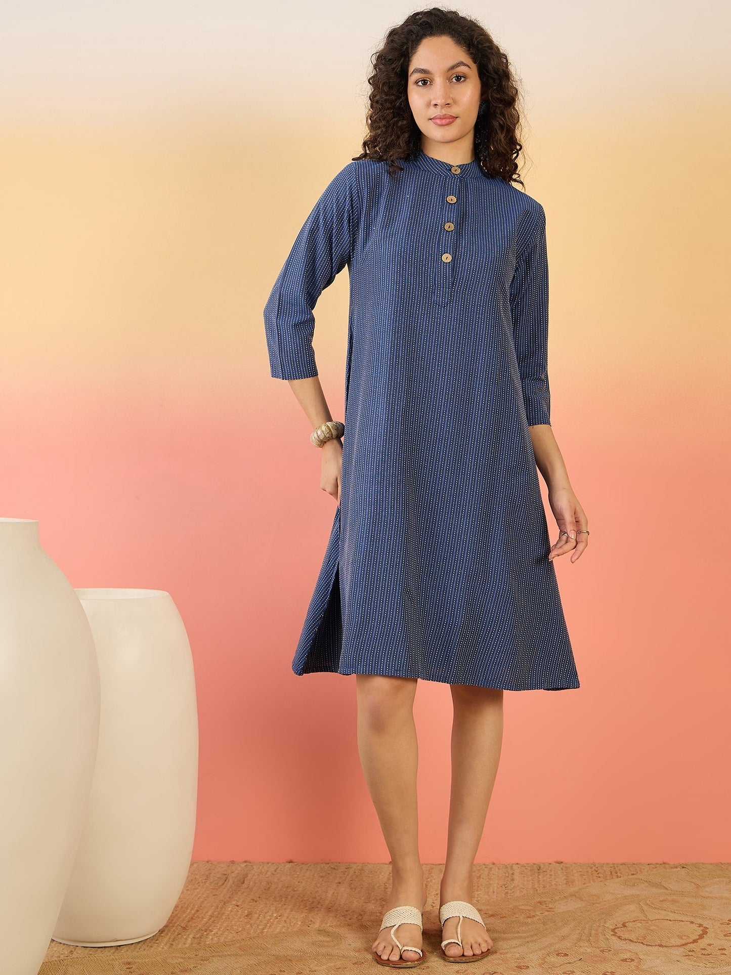 InWeave Blue Kantha Mandarin Button Dress - Swadesiicart