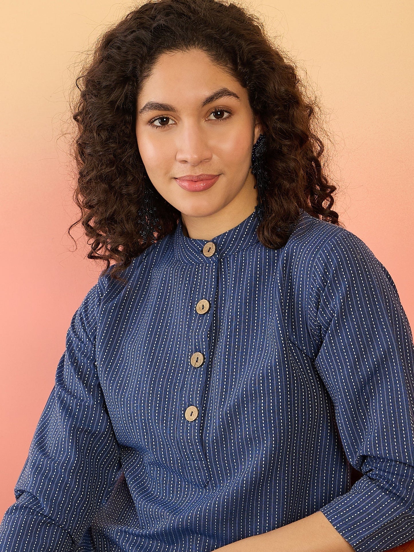 InWeave Blue Kantha Mandarin Button Dress - Swadesiicart