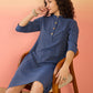 InWeave Blue Kantha Mandarin Button Dress - Swadesiicart