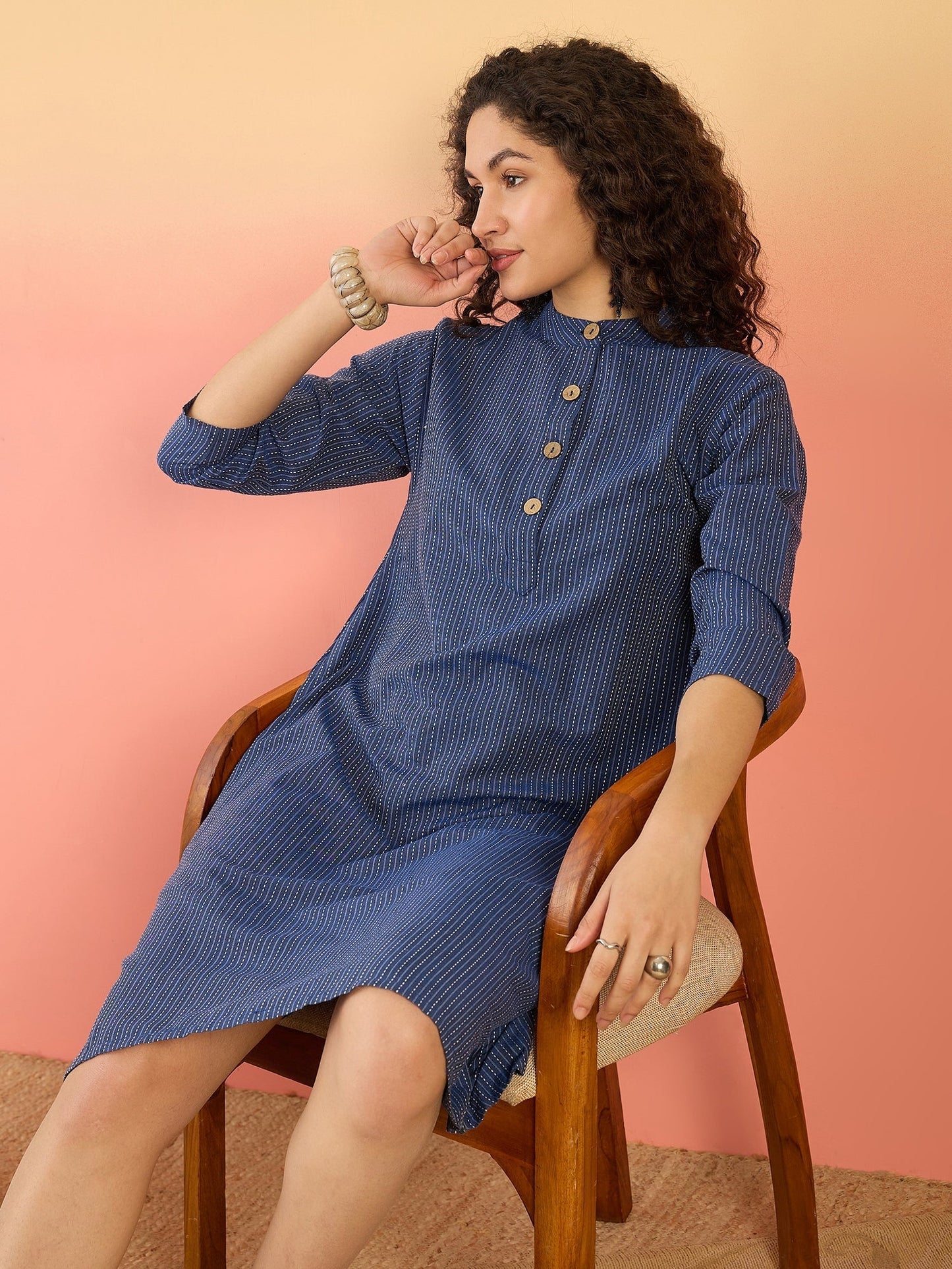 InWeave Blue Kantha Mandarin Button Dress - Swadesiicart