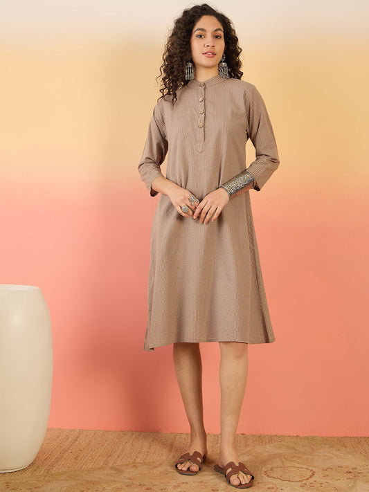 InWeave Light Brown Kantha Mandarin Button Dress - Swadesiicart