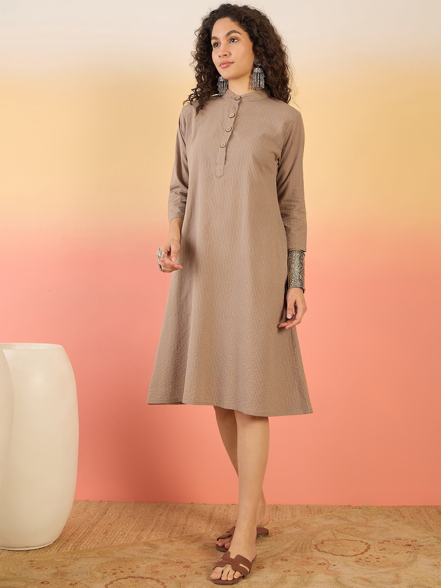 InWeave Light Brown Kantha Mandarin Button Dress - Swadesiicart